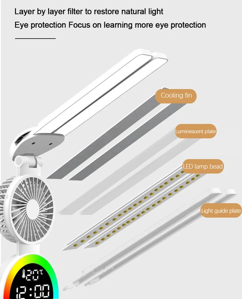 LED Table Lamp with Fan And Clock Display Reading Desk Light for Study Night Light Adjustable Brightness