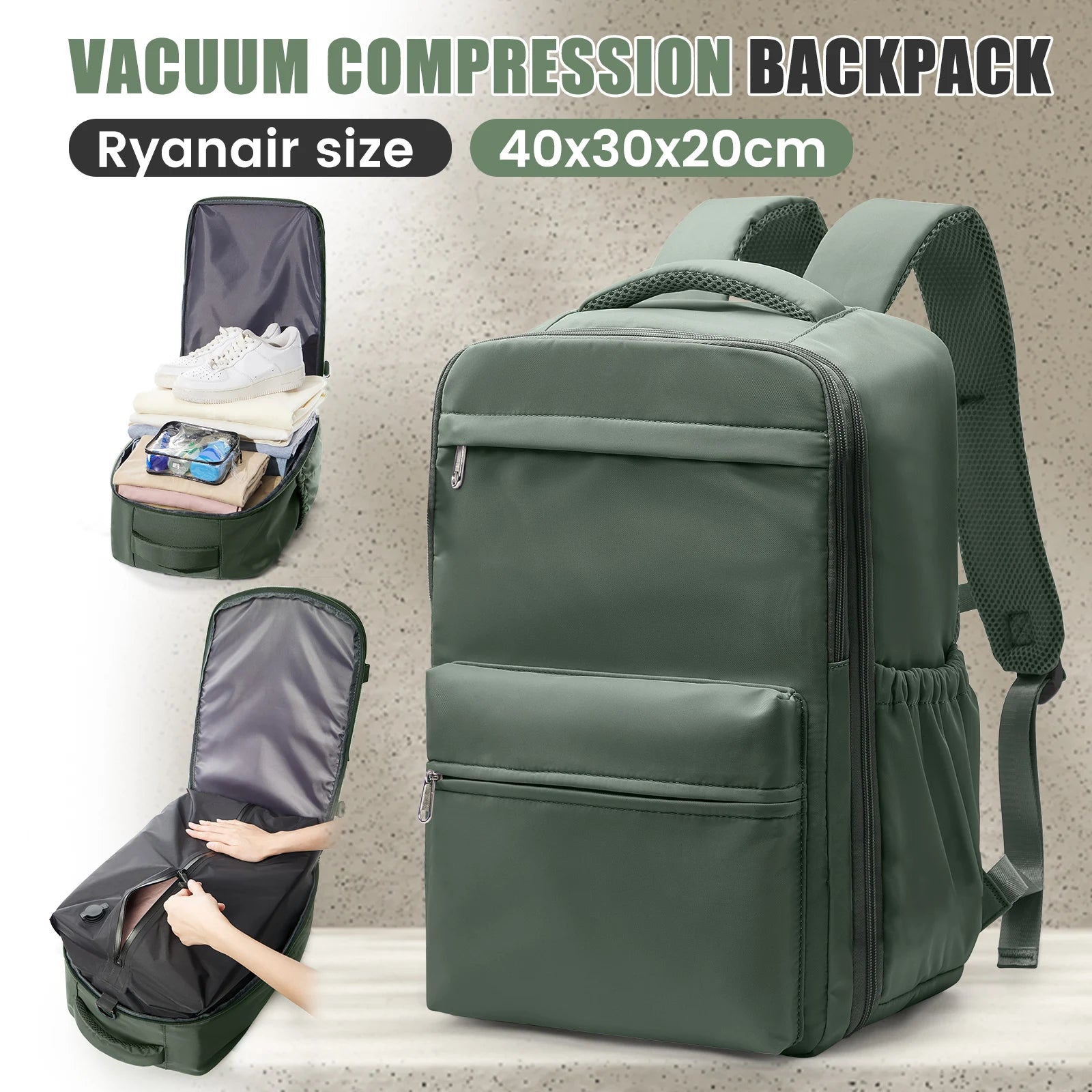 Ryanair 40x30x20 Travel Backpack – Vacuum Compression Cabin Bag with Pump, 15.6” Laptop Carry-On for Wizzair & Airline Personal Item