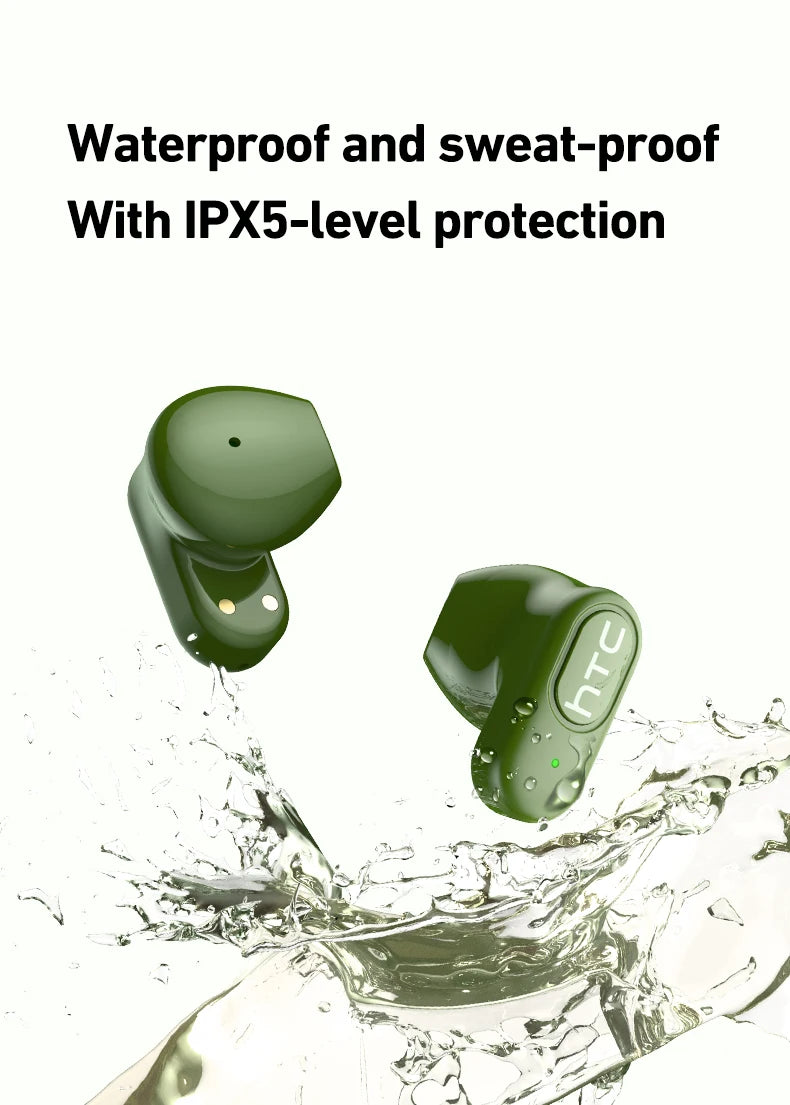HTC NE51 Bluetooth Earphones TWS Mini EarBuds Sports Wireless Headphones Smart Noise Reduction Earbuds Green Black