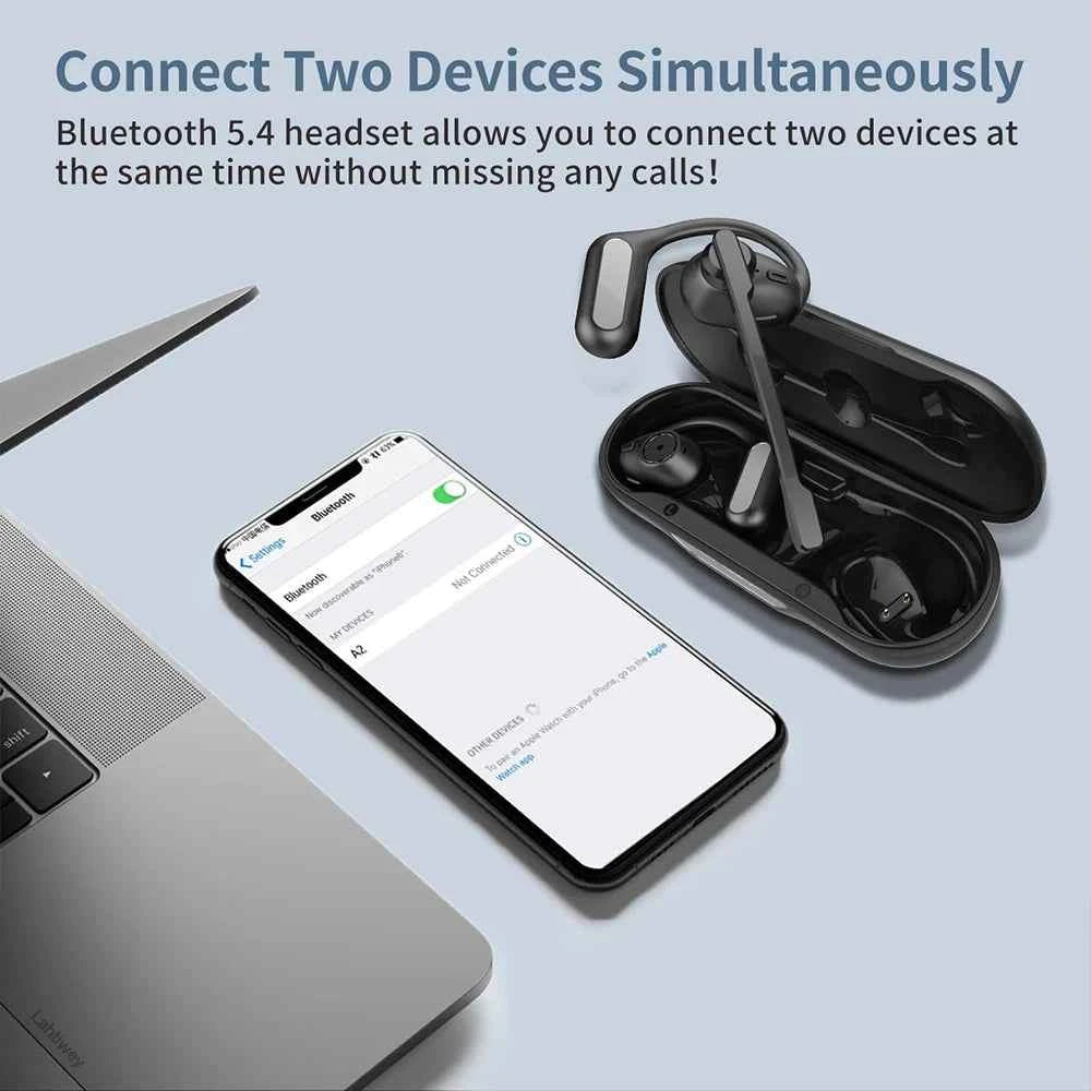 Open Ear Headphones with Boom Mic, Bluetooth 5.4 Wireless Headsets with Detachable Microphone, ENC Noise Cancelling, Mute Button