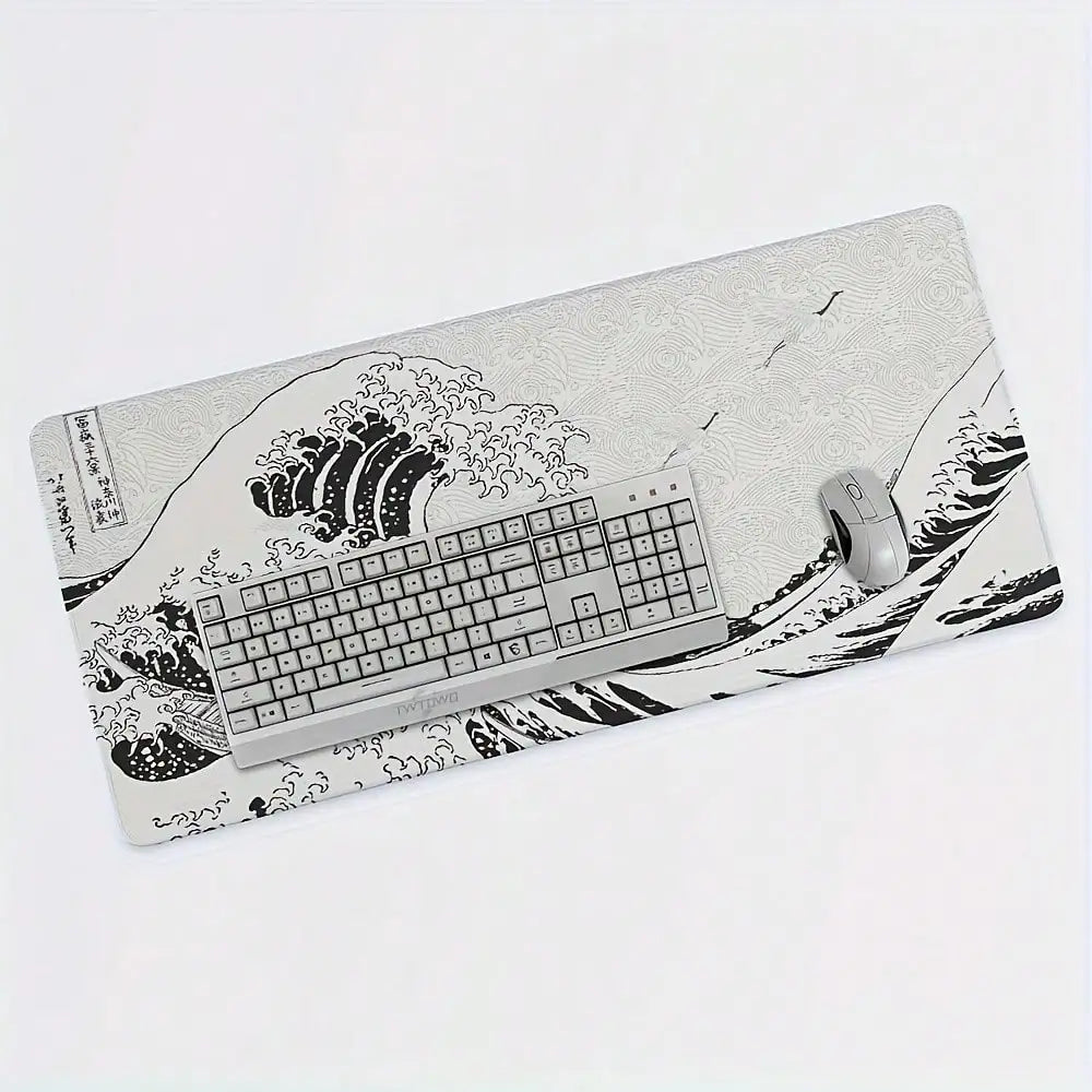 XXL Gaming Mouse Pad Featuring A Black-And-White Wave Art Design; Washable Surface; Stylish Rectangular Desk Mat Suitable For Desktops, Laptops, Office Work