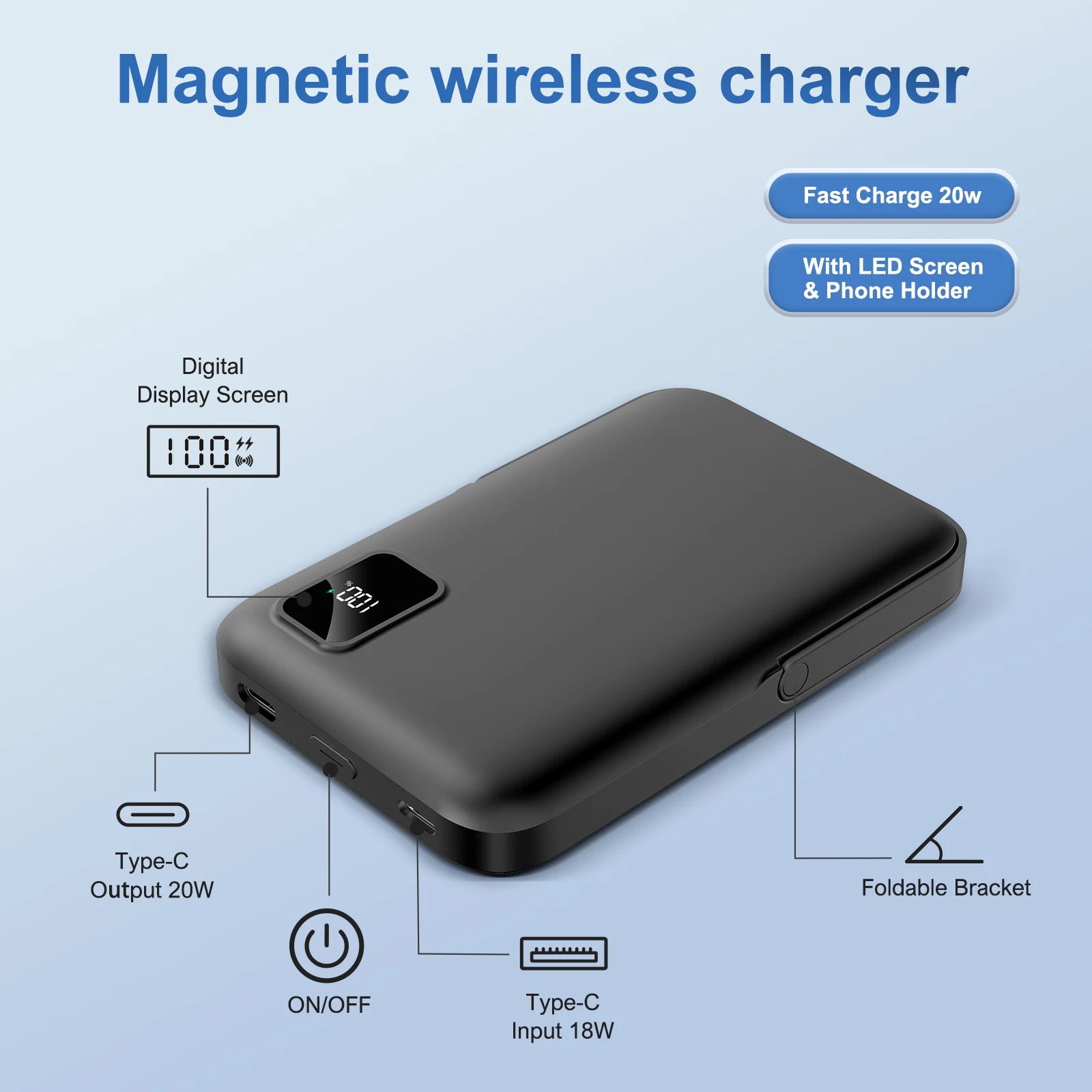 10000mAh Magnetic Power Bank Portable 20W Fast Charging with Digital Display Foldable Stand for Android iPhone 17 16 Samsung