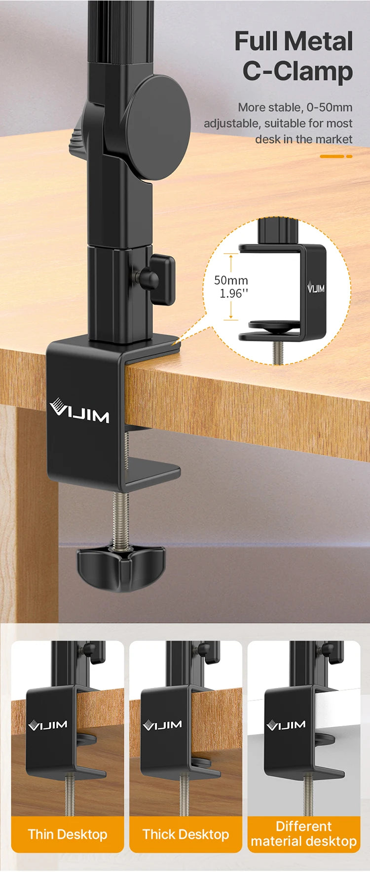 Vijim LS24/LS25 Microphone Boom Arm Stand – Heavy Duty Adjustable Desk Mount for Blue Yeti, DSLR Camera, Smartphone & Streaming Setup