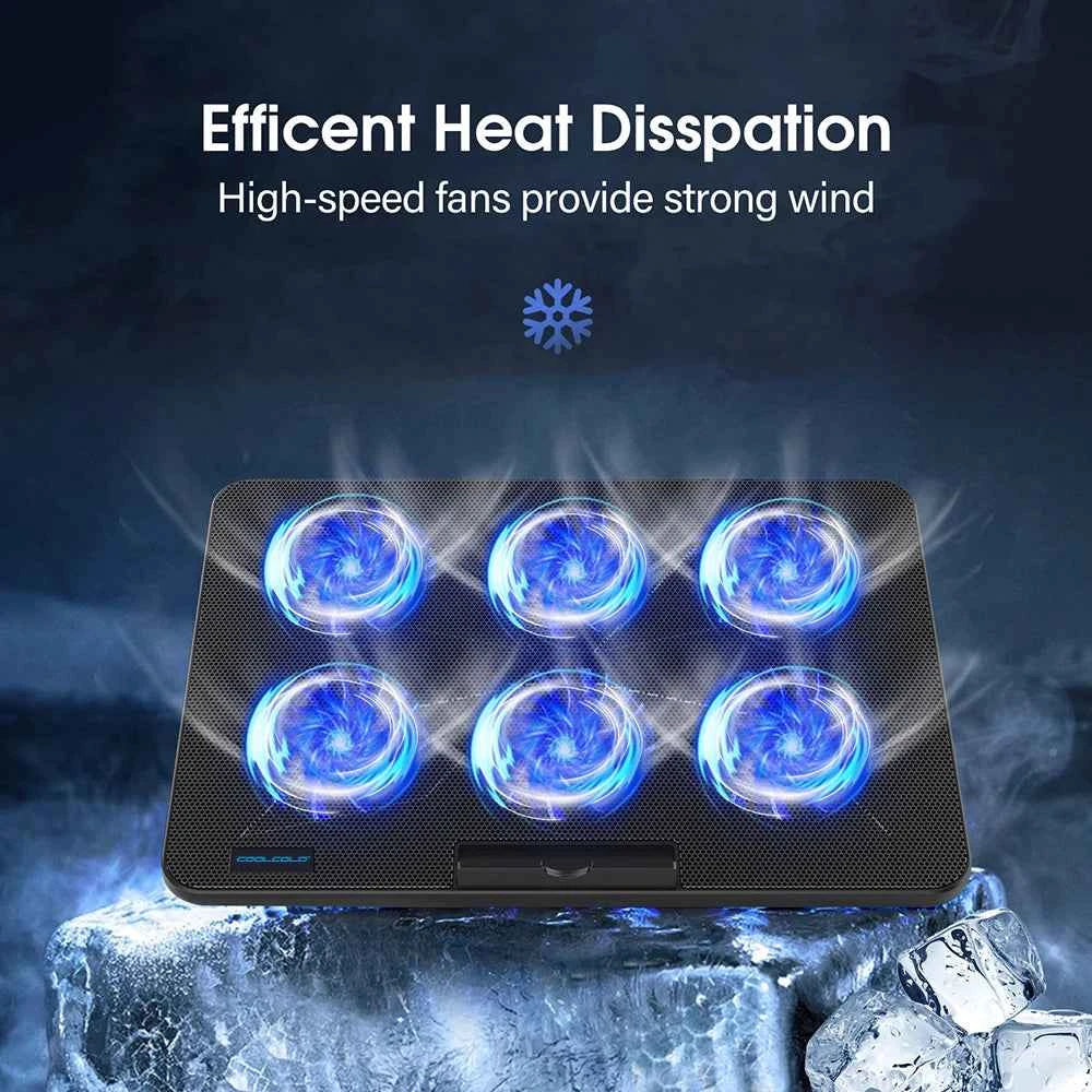 Coolcold 15.6-17.3inch Laptop Cooling Pad with 6 Quiet Fans,7 Height Wind Speed Adjustable, Laptop Cooer With Mobile Phone holder