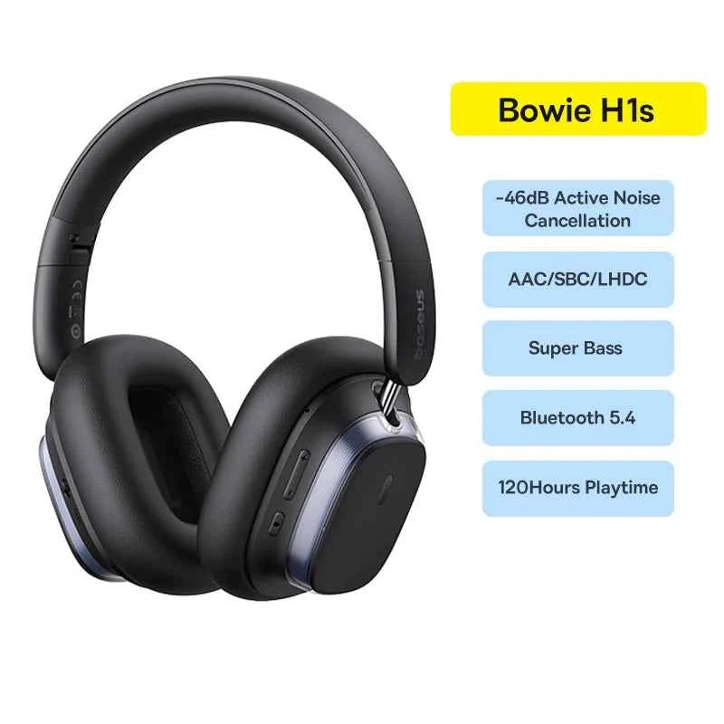 Baseus Bowie H1s Wireless Headphones Bluetooth 5.4 Noise Canceling 46dB Over Ear Headset Hi-Res Spatial Audio Earphone 120H Time