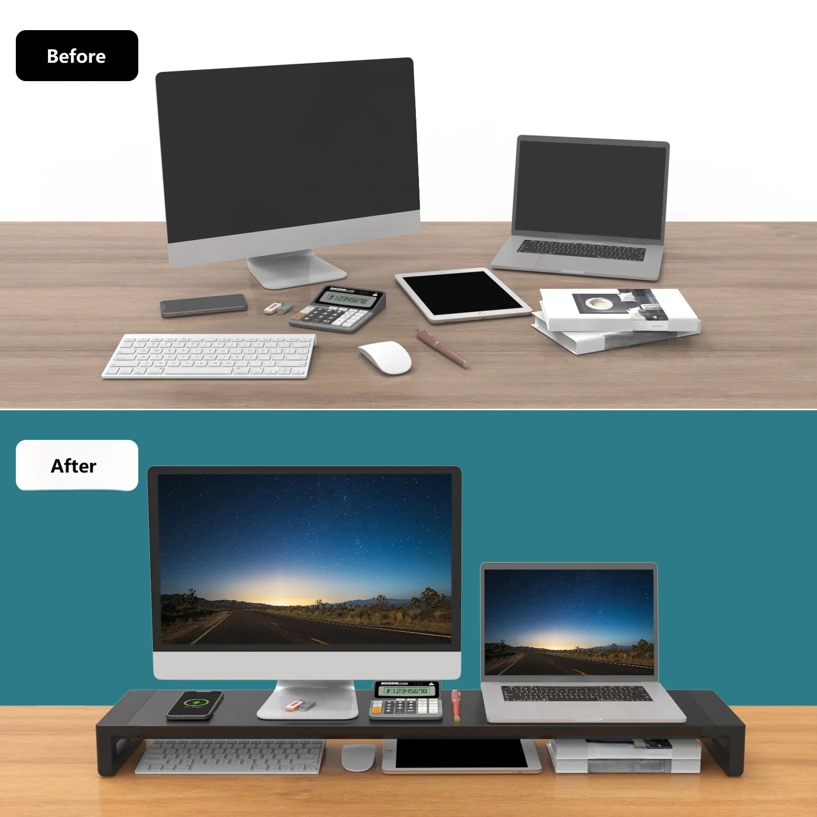 Dual Monitor Stand Riser, Extended Desktop Computer Monitor Support Bracket, for 2 Monitors, with Printer Stand and Laptop Stand - WinSupport Tech