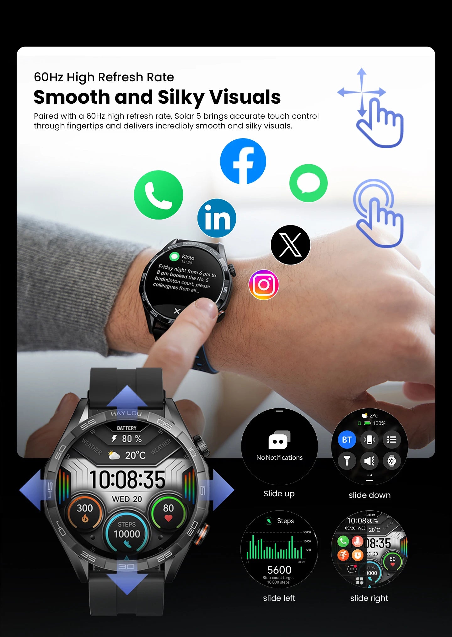 HAYLOU Solar 5 Smartwatch 1.58'' AMOLED Display 60Hz Refresh Rate 24H Health Monitoring Voice Calling 100+ Sports Modes Black/Silver