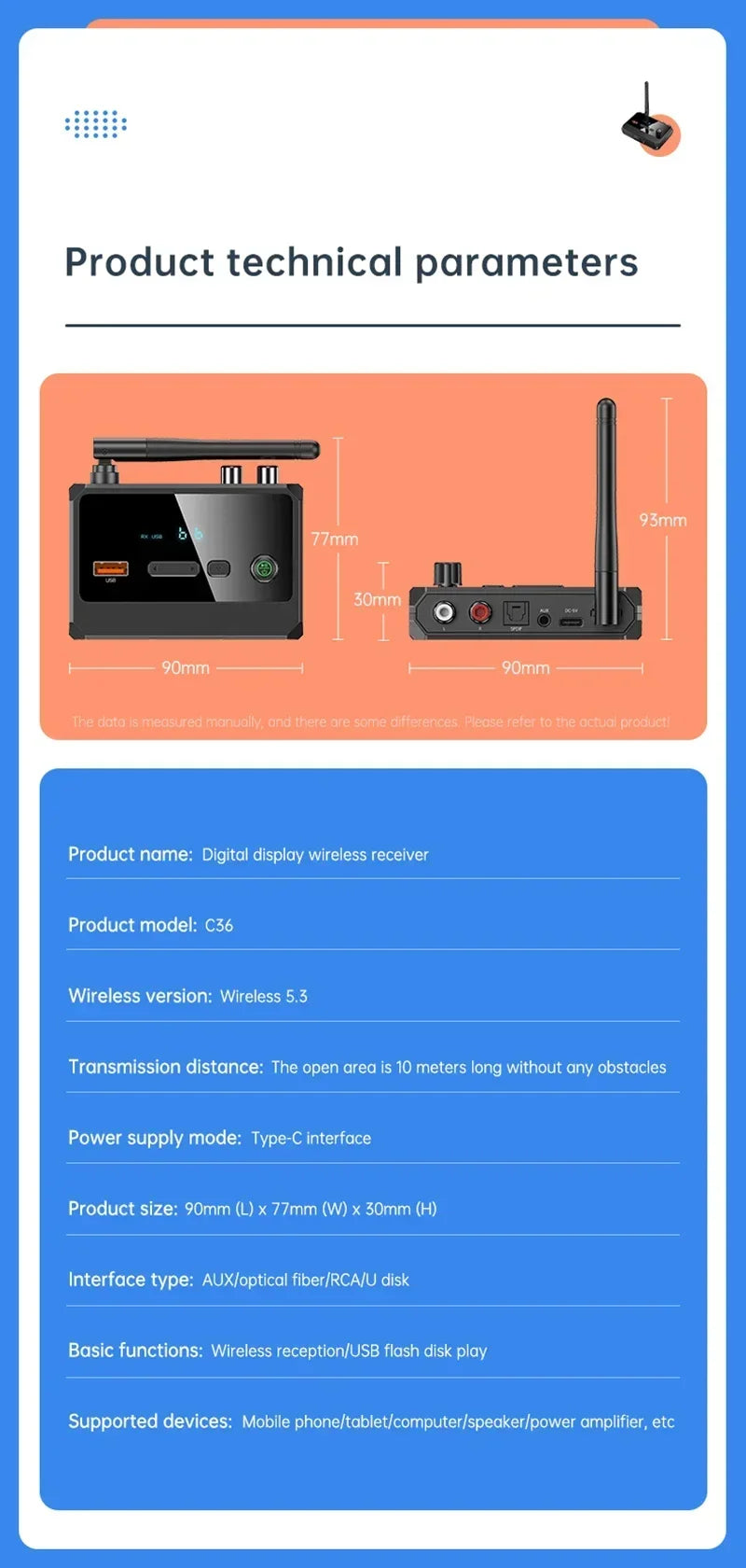 Bluetooth 5.3 Audio Receiver Support USB U-Disk Play Wireless Adapter R/L 2 RCA/3.5MM AUX/Optical Fiber Jack For Car Kit Speaker