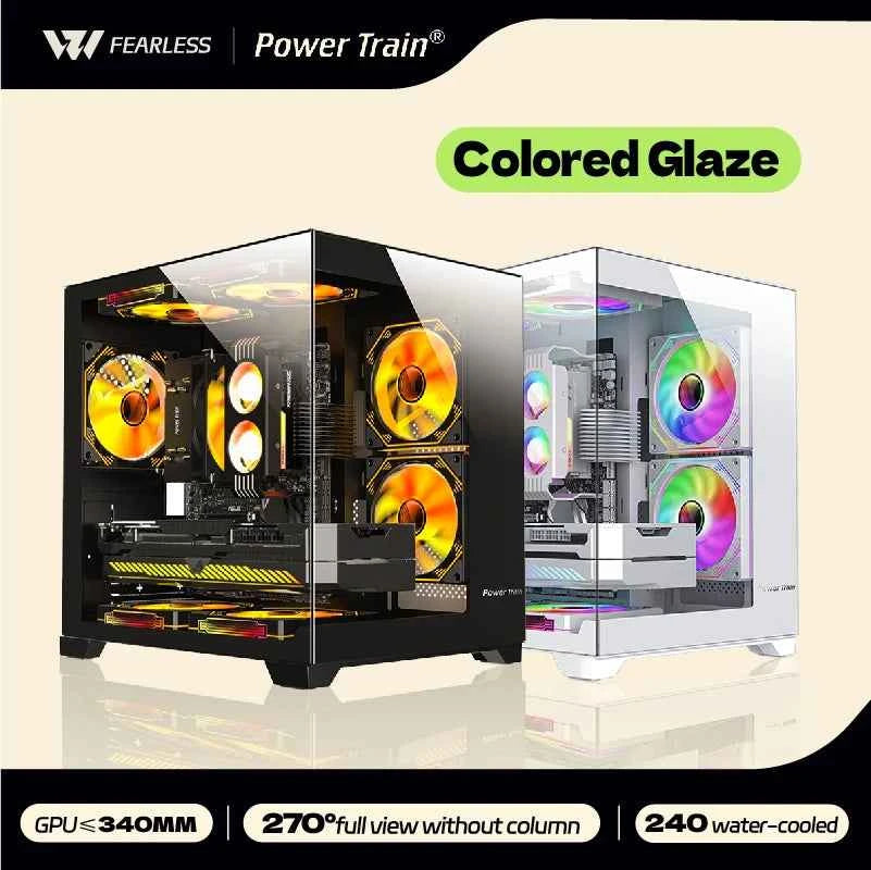 Power Train Colored Glaze PC Case Sea View Room 270°full view without column Desktop Chassis Support 240 Water Cooler