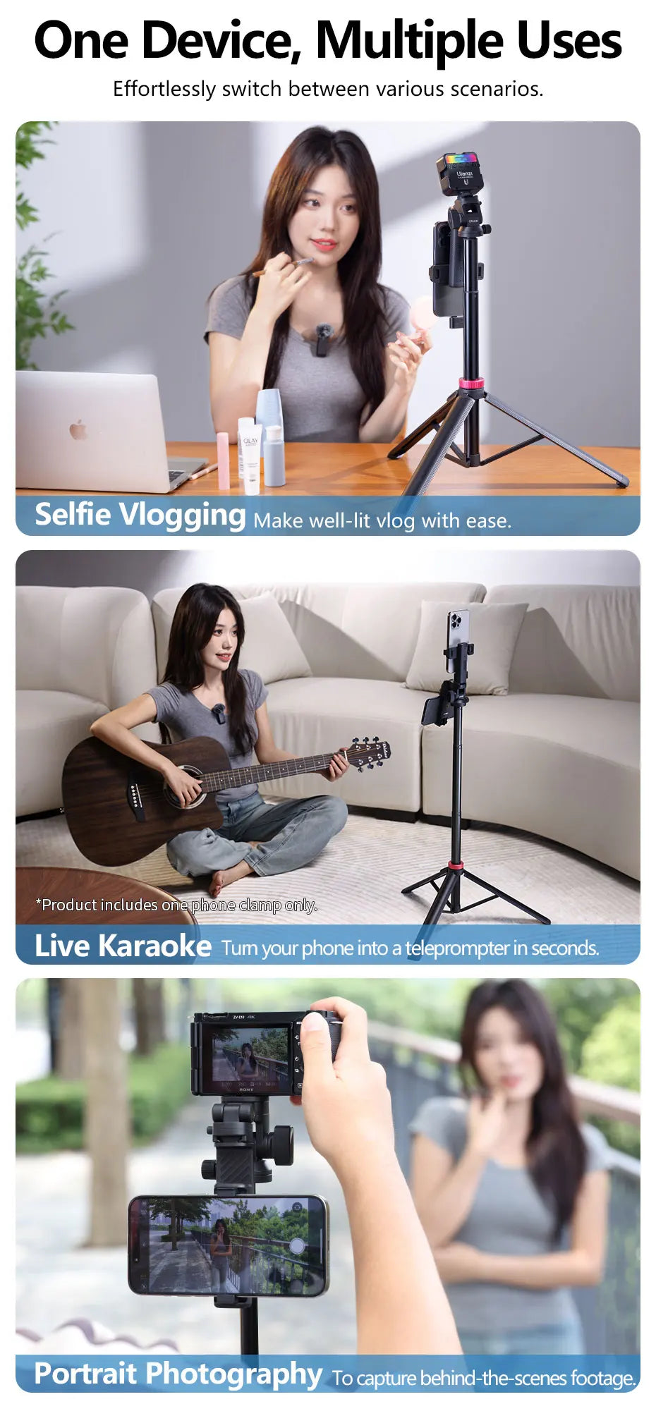 Ulanzi MT-78 1.85M Quick Release Tripod with Remote Phone Holder Cold Shoe Mount 1/4'' for Phone Camera Video Light Flash Mic