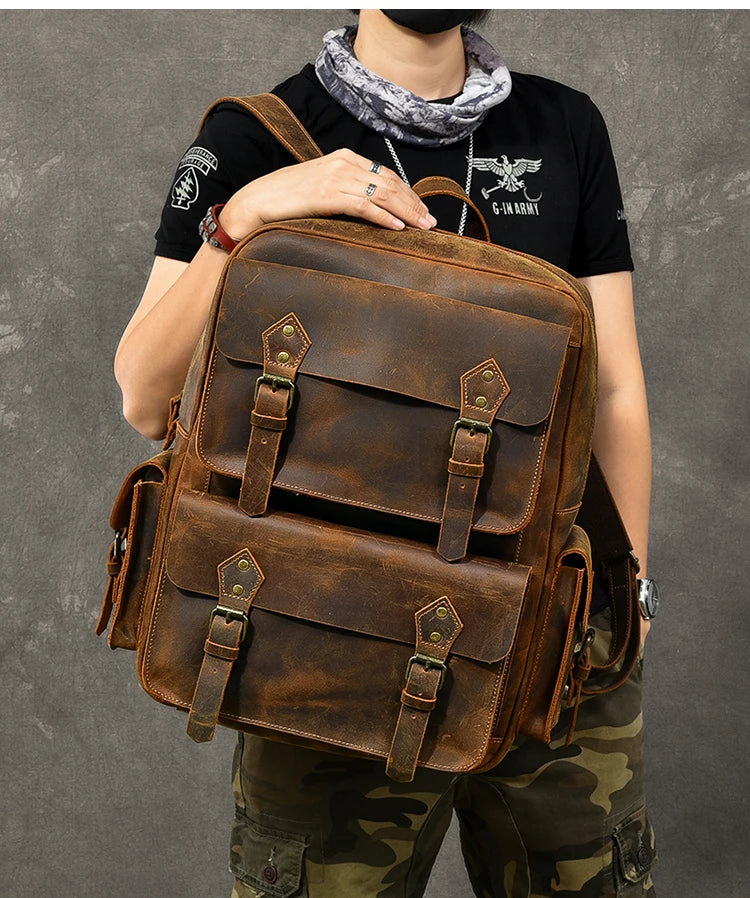 Vintage Crazy Horse Genuine Leather Backpack Men Bagpack Cowhide Hiking Backpack 17