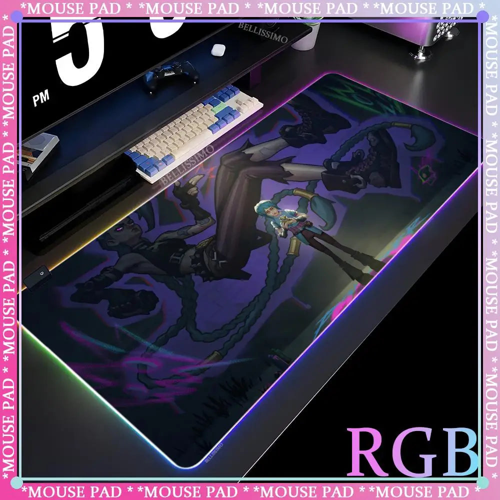 RGB League of Legends MousePad Gamer Jinx Anime Girl LED Game Accessories Keyboard Pad Large Desk mats Rubber Luminous Mouse Pad
