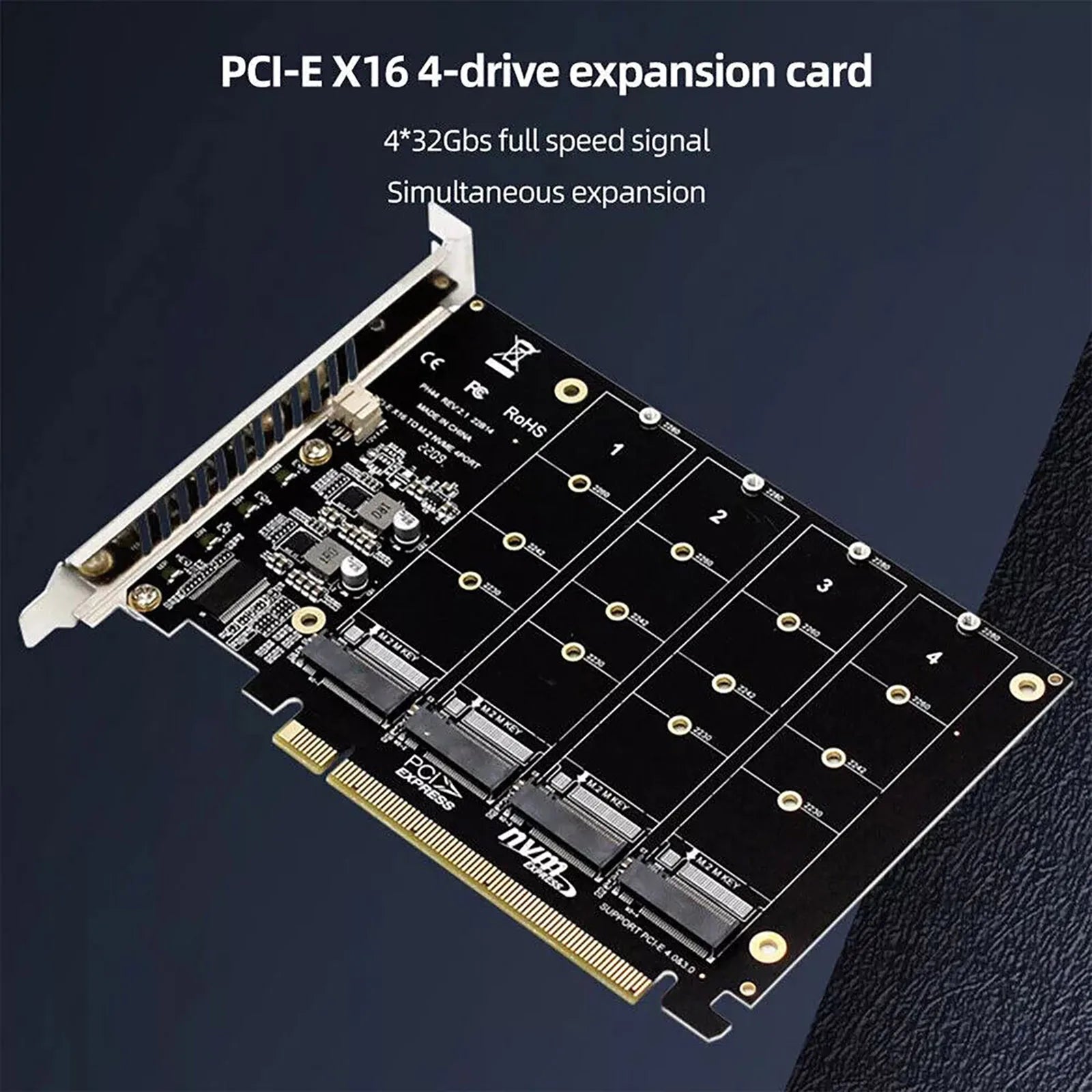 M.2 NVME SSD to PCIE X16 Adapter 4 Port NVMe to PCI-e Host Expansion Card Support 2230/2242/2260/2280