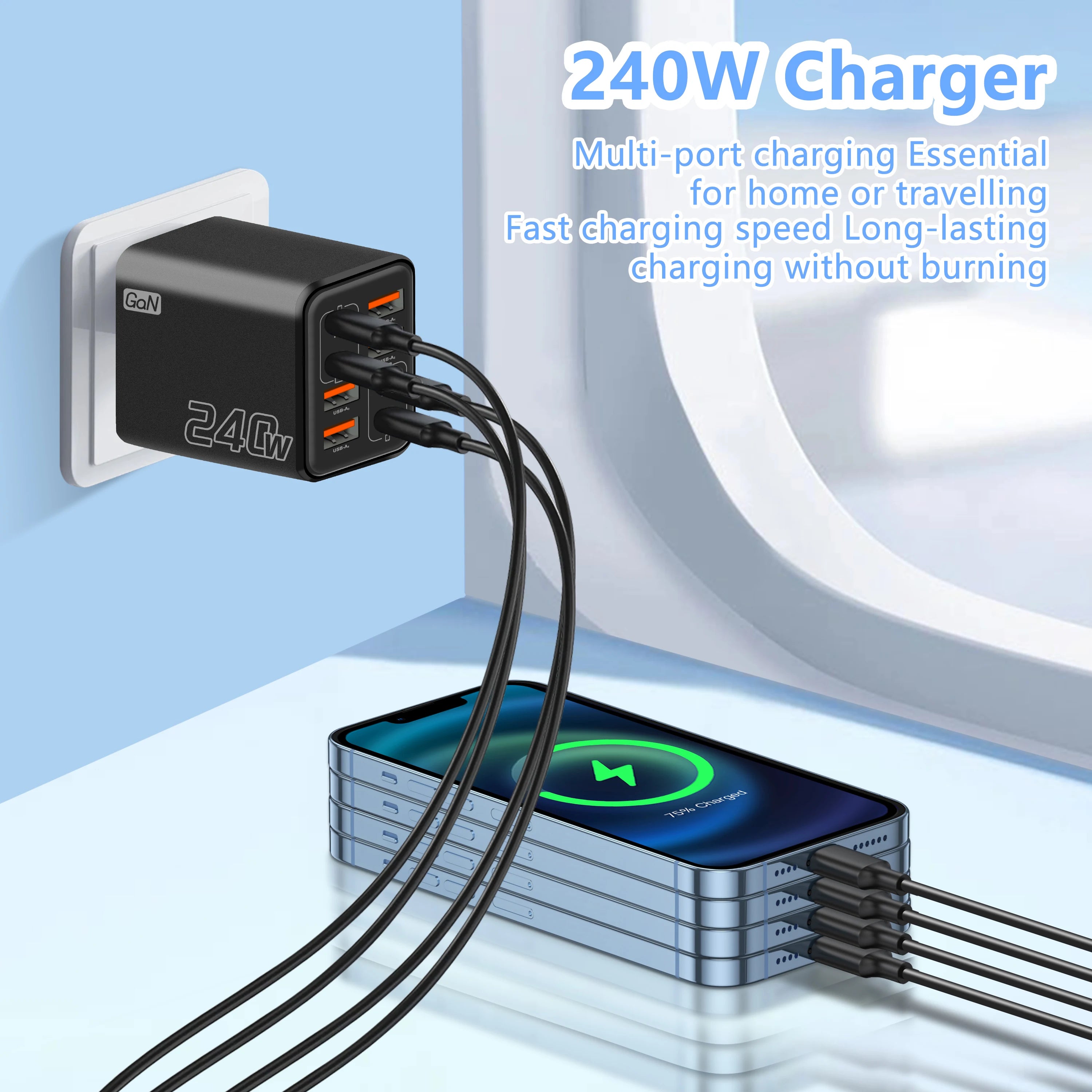 240W GaN USB C Charger 8 in 1 Fast Charging Phone Charger Power Adapter For iPhone Samsung Xiaomi Type C EU/US Plug Wall Charger phone accessories
