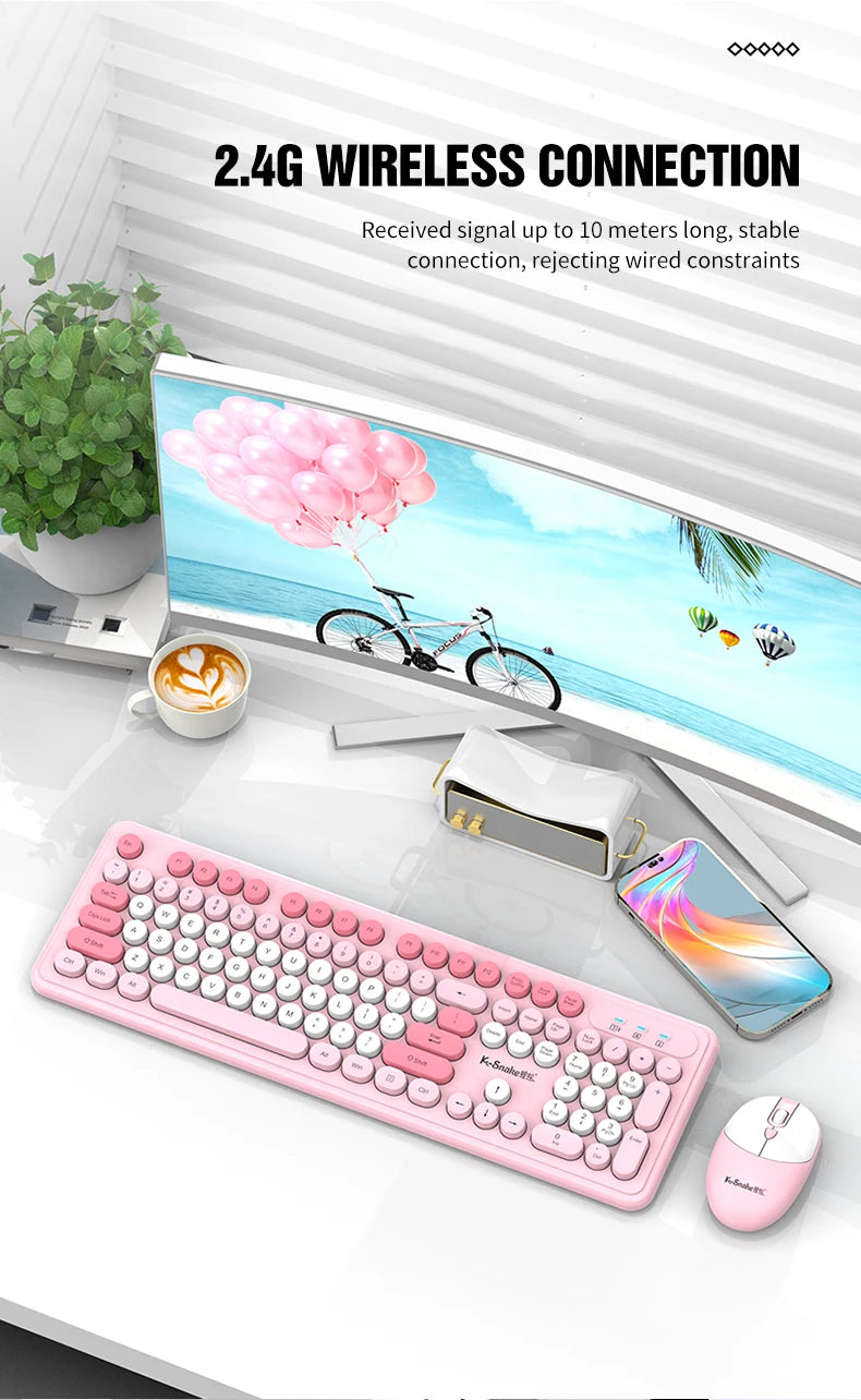 K-Snake WK200 Wireless Keyboard Mouse Set Cute Punk Keycap USB Wireless Business Keyboard Mouse Set Laptop Typing Office