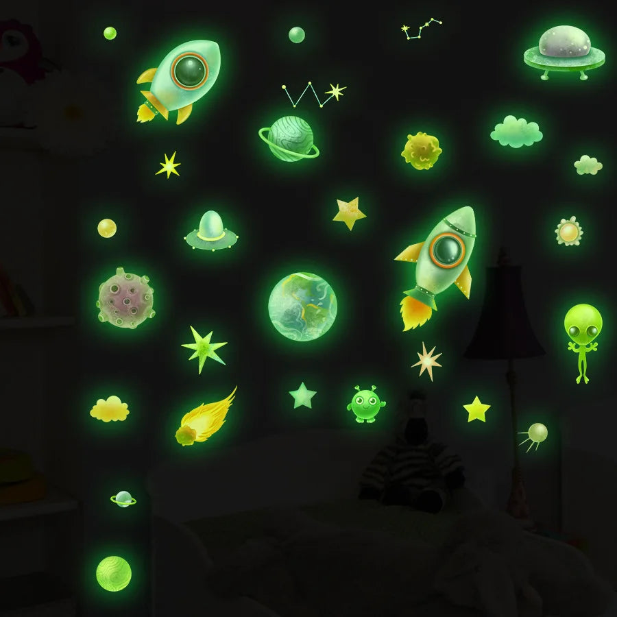 Cartoon Spaceship Planet Alien Space Star Luminous Sticker Glow In The Dark For Children's Room Fluorescent Decals Room Decor