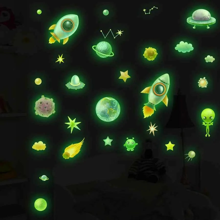 Cartoon Spaceship Planet Alien Space Star Luminous Sticker Glow In The Dark For Children's Room Fluorescent Decals Room Decor