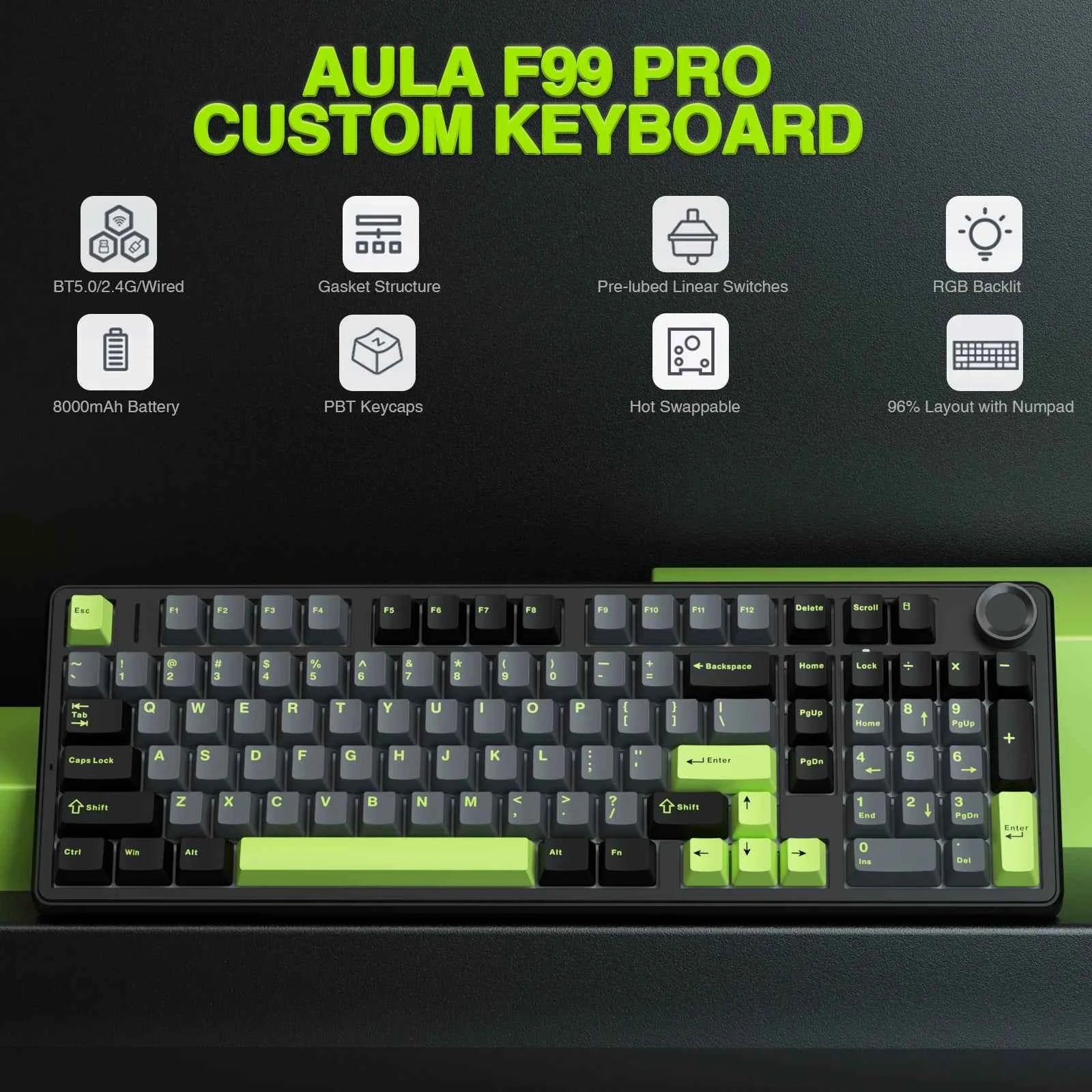 AULA F99pro Wireless Gaming Keyboard Gasket Structure Compatible with 3/5 Pins Hot-swap Mechanical Keyboard with Media Knob