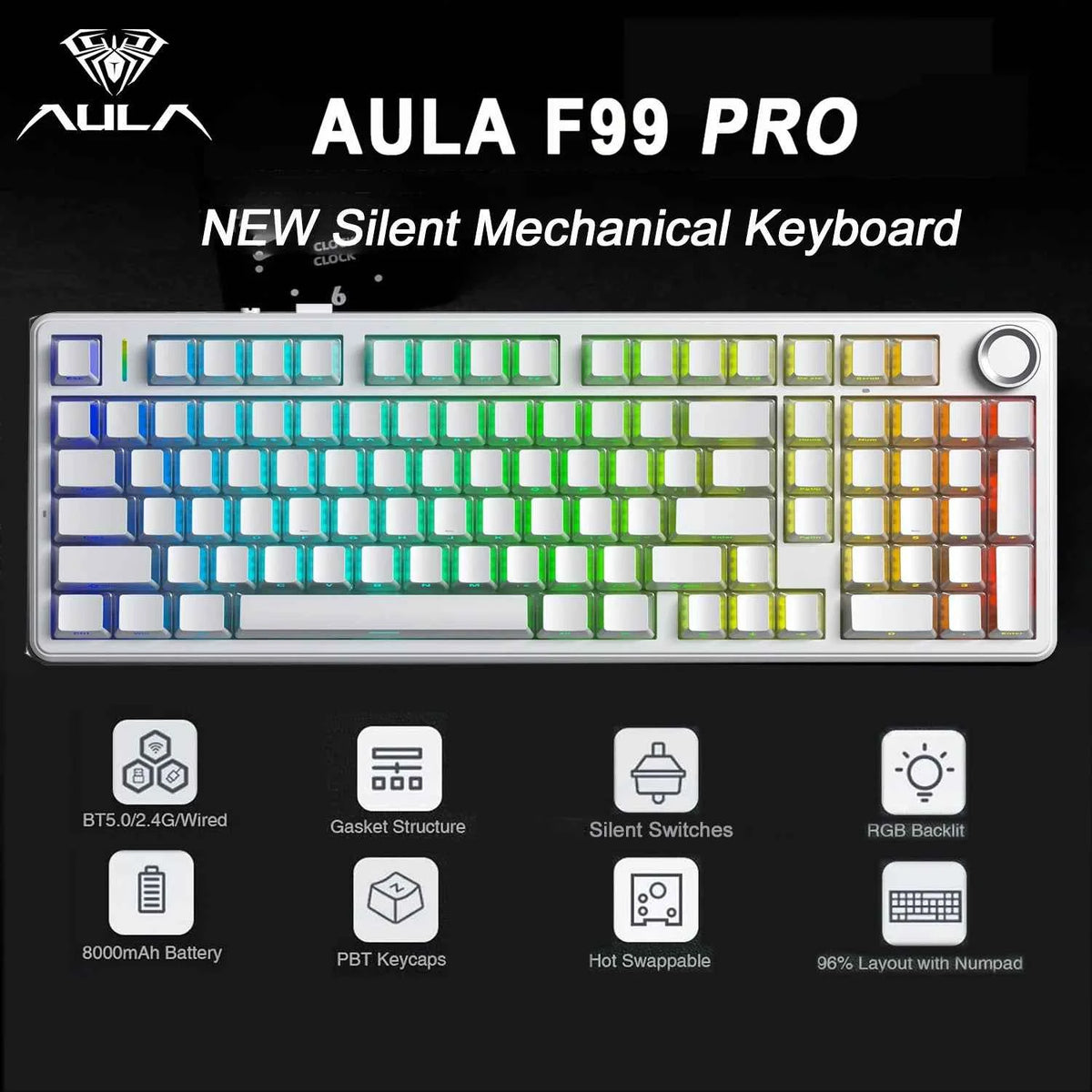 AULA F99 Pro Silent Mechanical Keyboard 2.4G Wireless PBT Keycap Hot-Swappable RGB Backlit Translucent Sided Engraved Keyboard