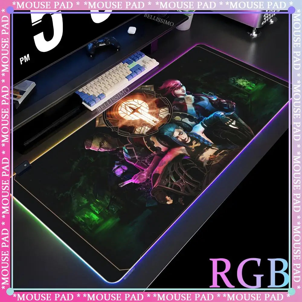 RGB League of Legends MousePad Gamer Jinx Anime Girl LED Game Accessories Keyboard Pad Large Desk mats Rubber Luminous Mouse Pad