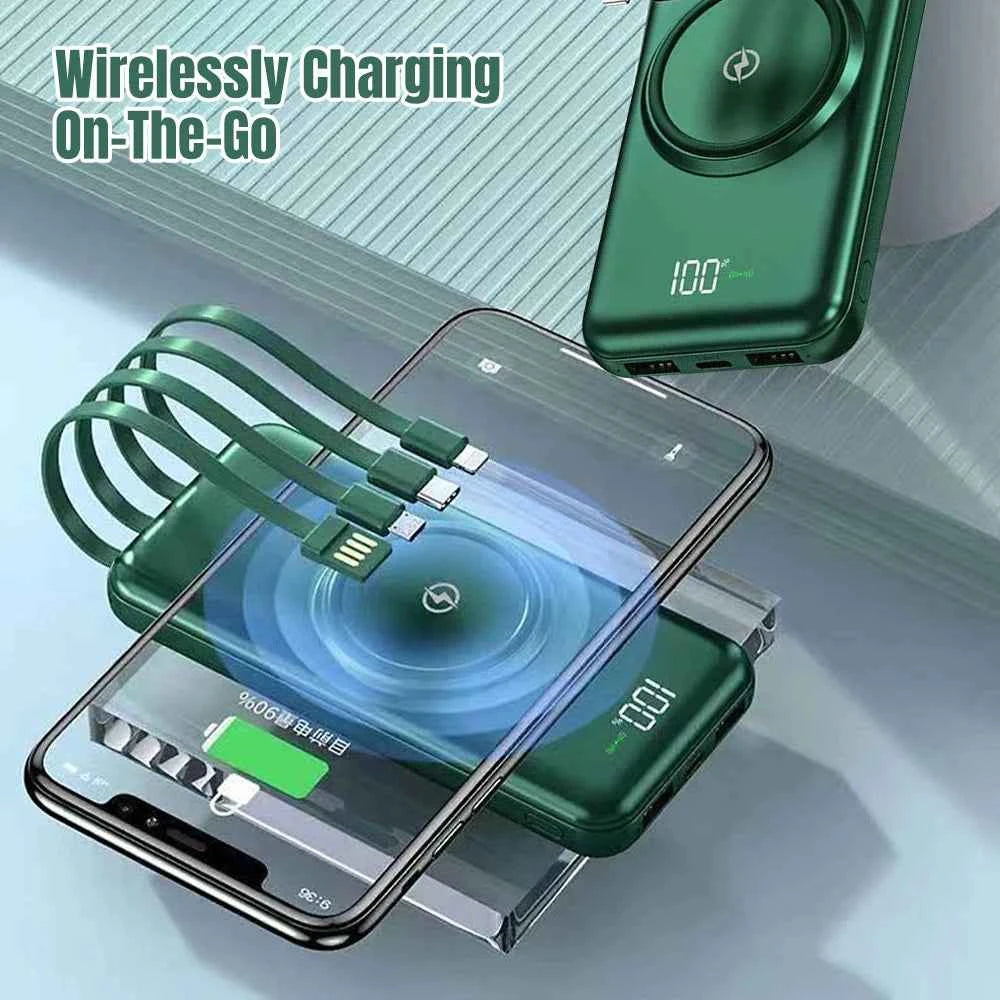 Built-in 4 Cables Wireless Power Bank 22.5W Fast Charging 15W Qi Wireless Portable External Battery Pack Digital LED Display Multi-Device Simultaneous Charging Pocket Size Powerbank For iPhone Samsung Android Phone Travel Out