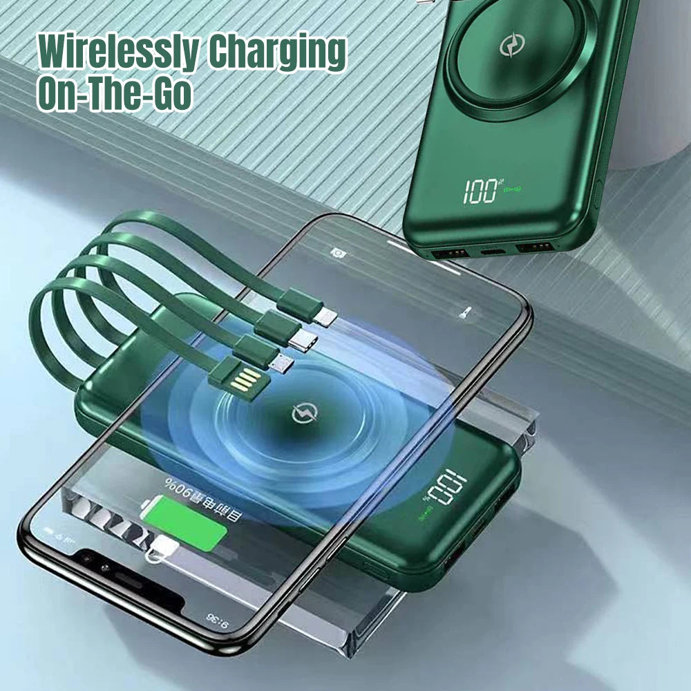 Built-in 4 Cables Wireless Power Bank 22.5W Fast Charging 15W Qi Wireless Portable External Battery Pack Digital LED Display Multi-Device Simultaneous Charging Pocket Size Powerbank For iPhone Samsung Android Phone Travel Out