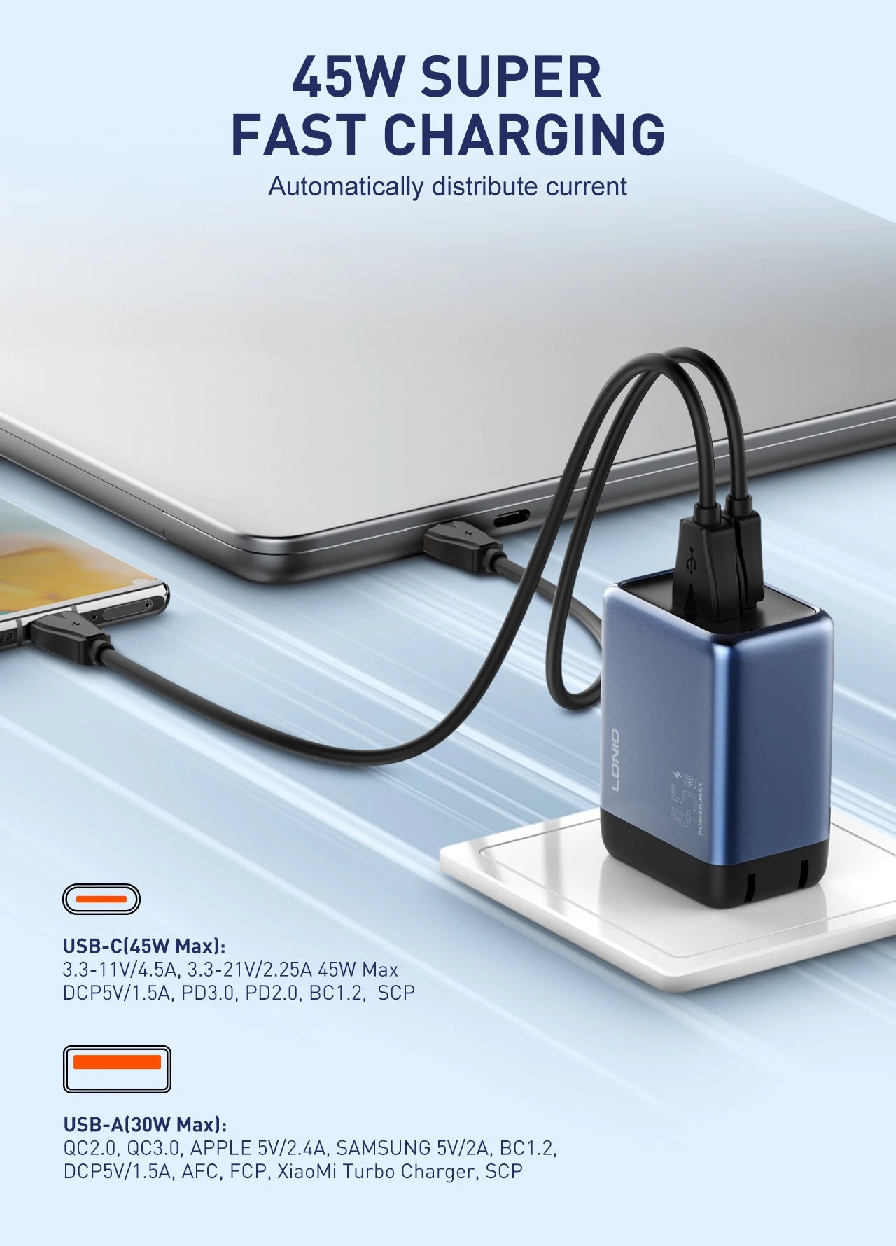LDNIO Gan 45W Fast Charge Type-C Charger Compatible with 40W iPhone 17 pro Max Air Xiaomi Samsung Ultra - Fast Charging Adapter