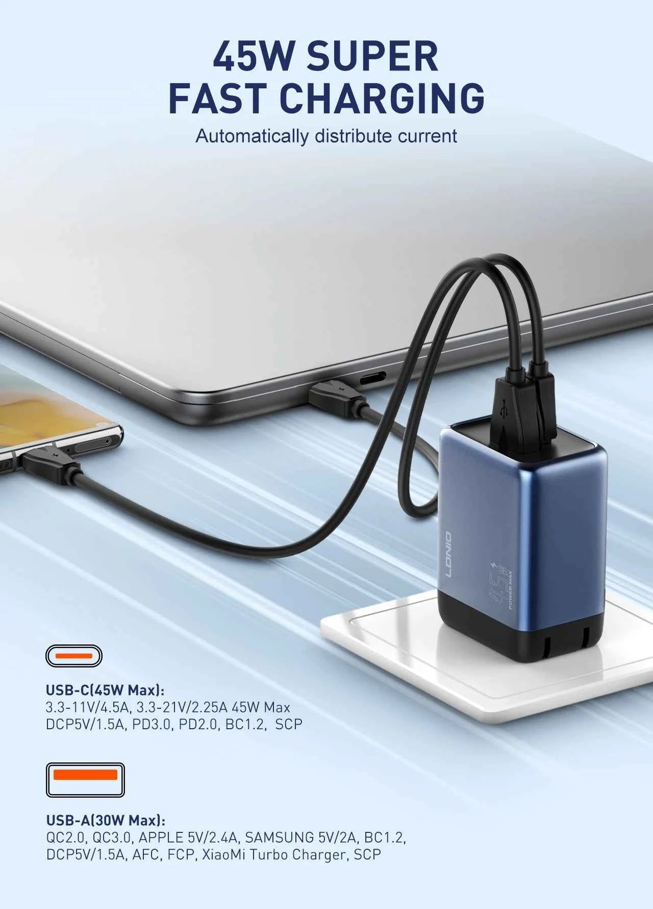 LDNIO Gan 45W Fast Charge Type-C Charger Compatible with 40W iPhone 17 pro Max Air Xiaomi Samsung Ultra - Fast Charging Adapter
