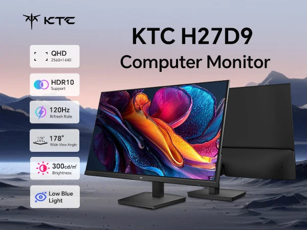 KTC 27 Inch Computer Monitor - QHD (2560 x 1440) Display, Up to 120Hz Monitor, IPS Panel H27D9
