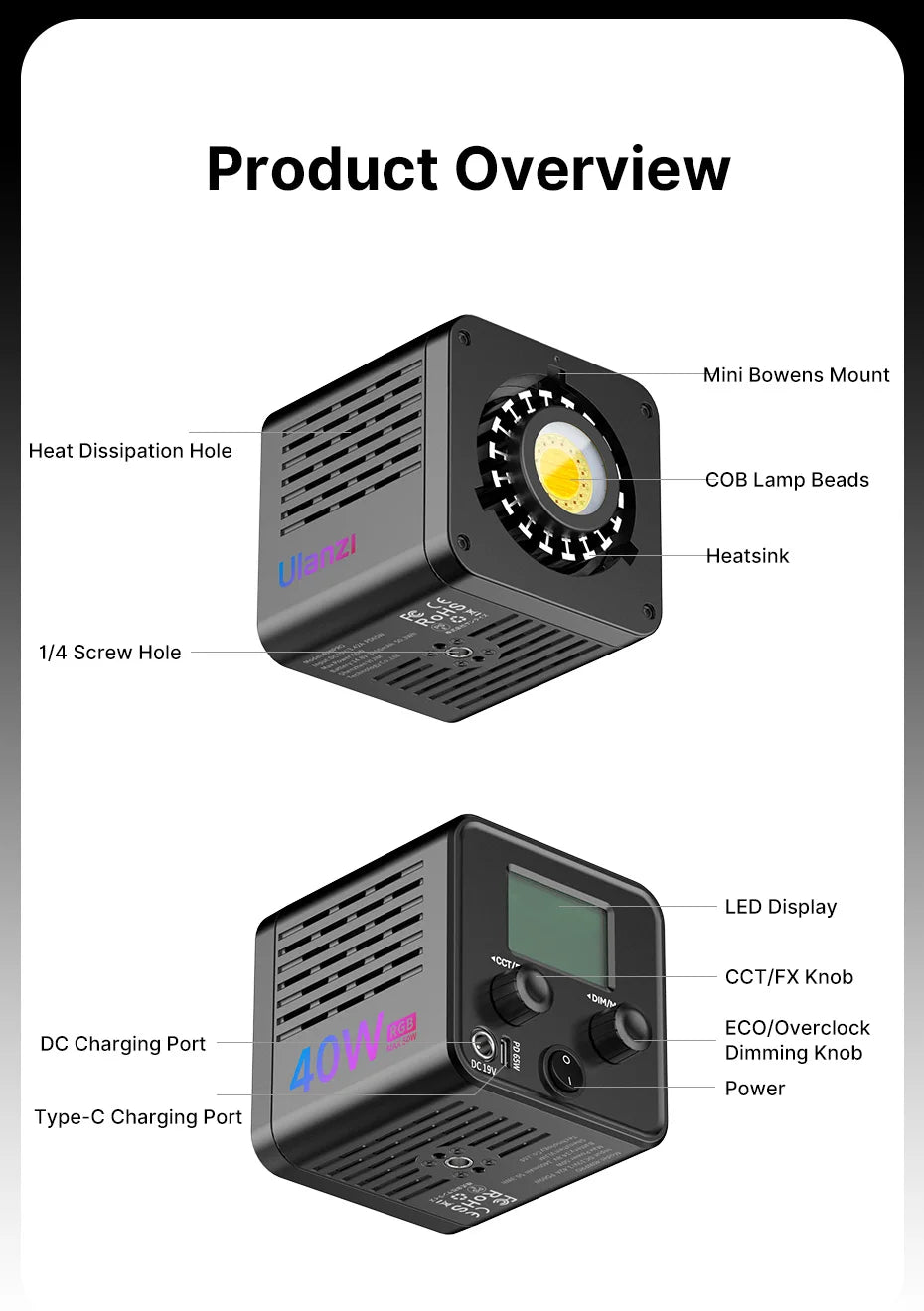 Ulanzi L024 40W RGB Video Light 3400mAh 2500-6500K CCT COB Light for Camera Outdoor Live Broadcast Full Color Photography Lamp