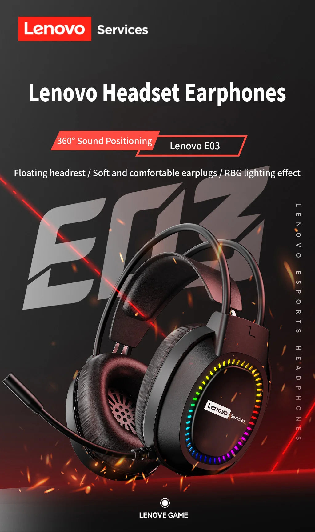 Lenovo Over-Ear Headphones with Microphone, Gaming Headphones, Rgb Lighting, Cool Colorful Lights, Suitable for Desktop and Laptop Computers, Comfortable, Sound-Isolating, and Noise-Cancelling
