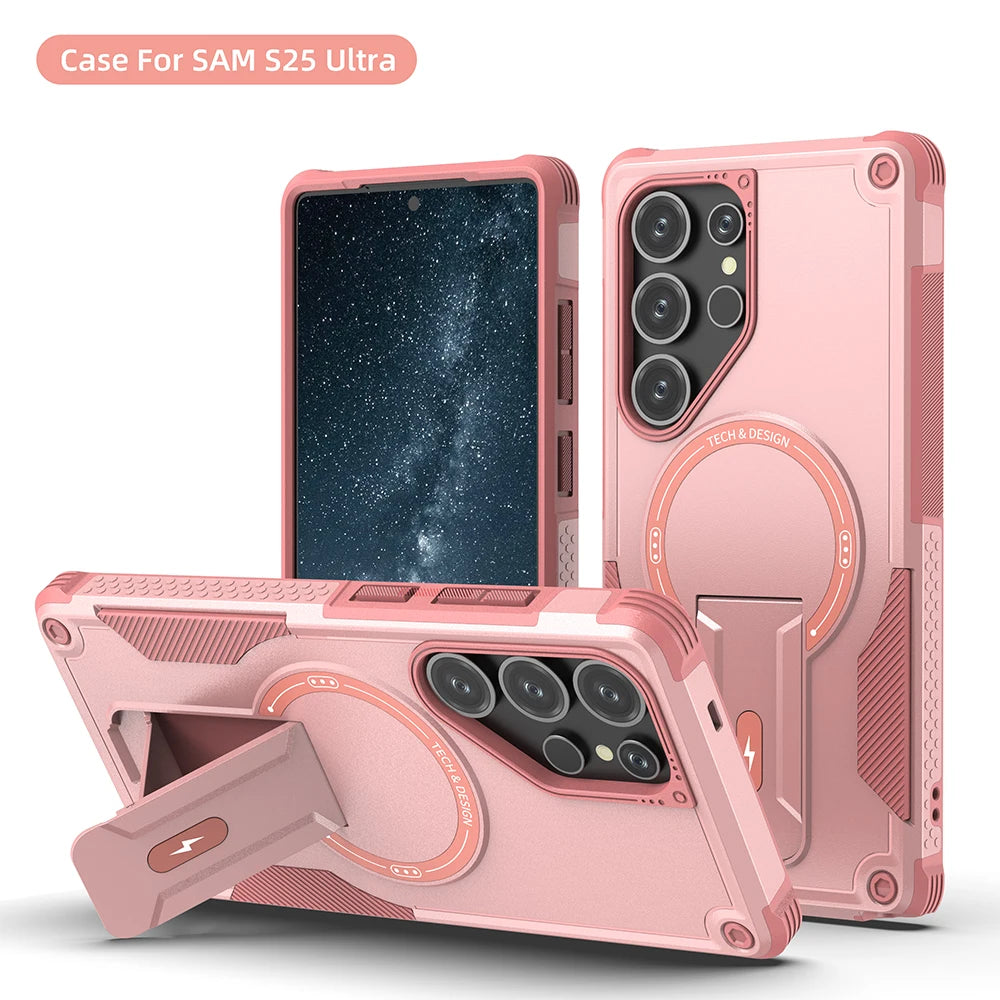 Fold Stand Holder Magnetic Armor Case For Samsung S25 Ultra S24 Plus Wireless Charging Invisible Bracket Shockproof Hard Cover