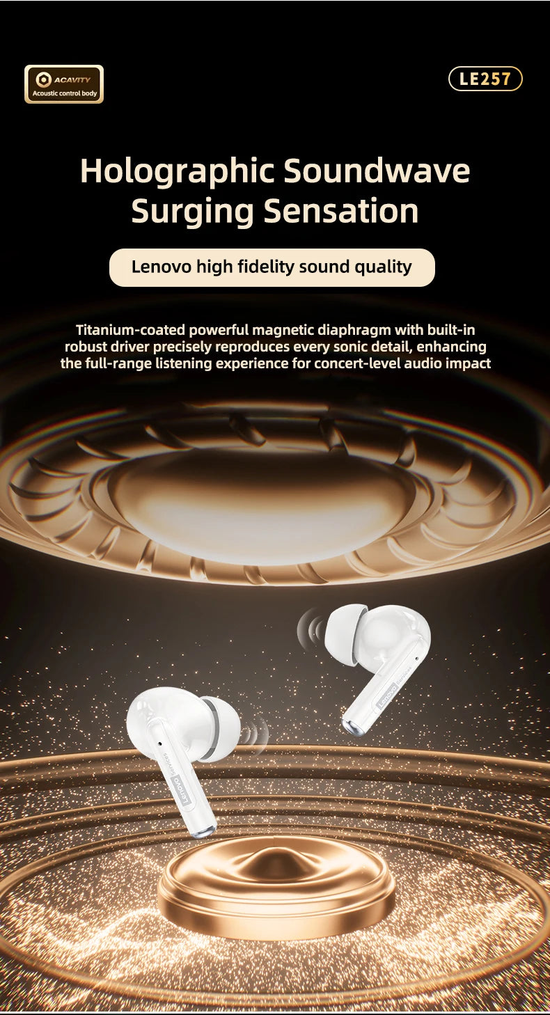 Lenovo LE257 Wireless Bluetooth 6.0 Earphones HiFi Sound ENC Call Noise Reduction TWS Headphones Gaming Sports Headset with Mic