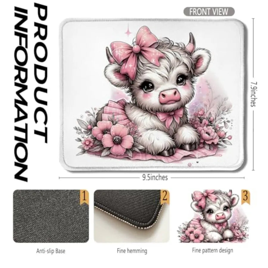 Pink Floral Highland Cow Mouse Pad, Coquette Pink Bow Highland Cow Heifer Mouse Pads Mousepad for Work Gaming Computers Laptop