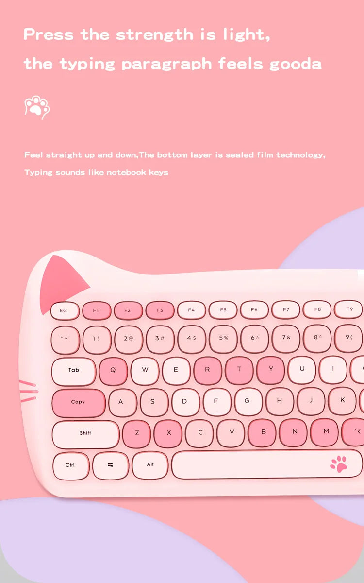 MOFII Kawaii Cat 2.4G Wireless Keyboard and Mouse Set Cute Lipstick Punk Keyboards and Mice Combos for Laptop PC Home Office