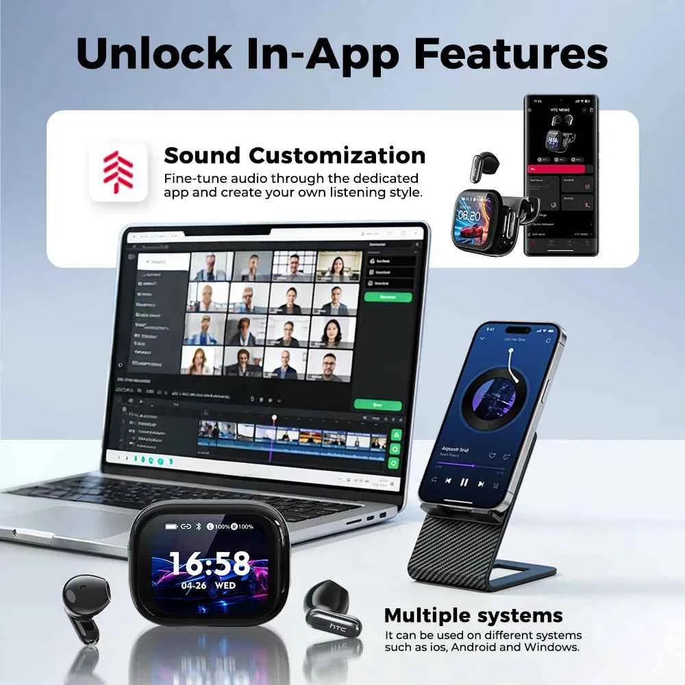 New HTC NE68 TWS Earbuds Bluetooth 6.0 Smart Touchscreen Case 134-Language AI Translator ANC IPX5 Waterproof 48H Playtime