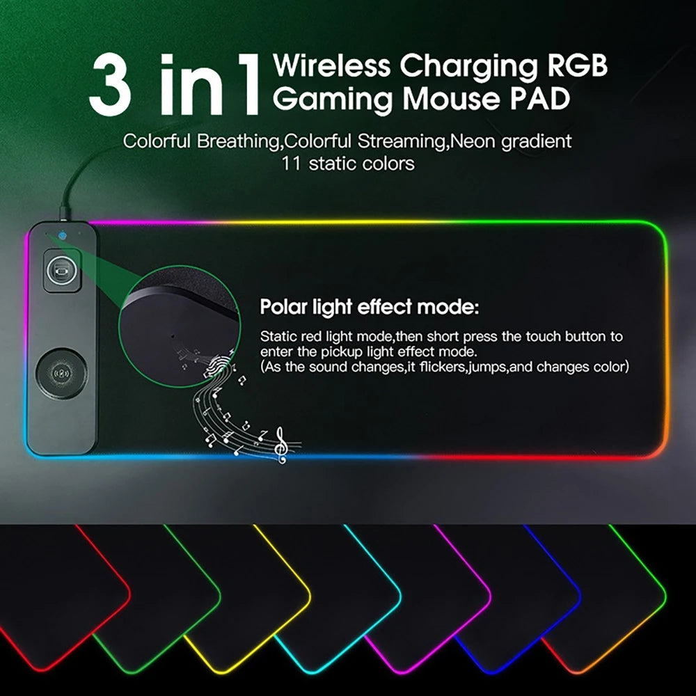 3 IN 1 Mouse Pad Magnetic Wireless Charging for Mobile Phone, Watch, Headphone RGB Lighting Desk Mat Gaming Mousepad 80x30cm