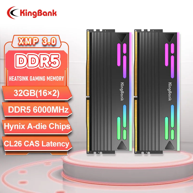KingBank 32GB DDR5 16GBx2 6000MHz Black RGB Memory Kit Hynix a Die CL26 Overclocking RAM Module for High Performance Systems - WinSupport Tech