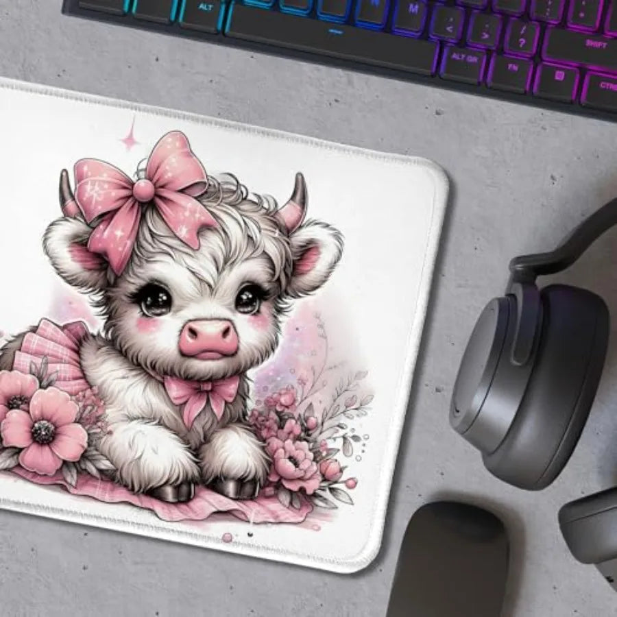 Pink Floral Highland Cow Mouse Pad, Coquette Pink Bow Highland Cow Heifer Mouse Pads Mousepad for Work Gaming Computers Laptop