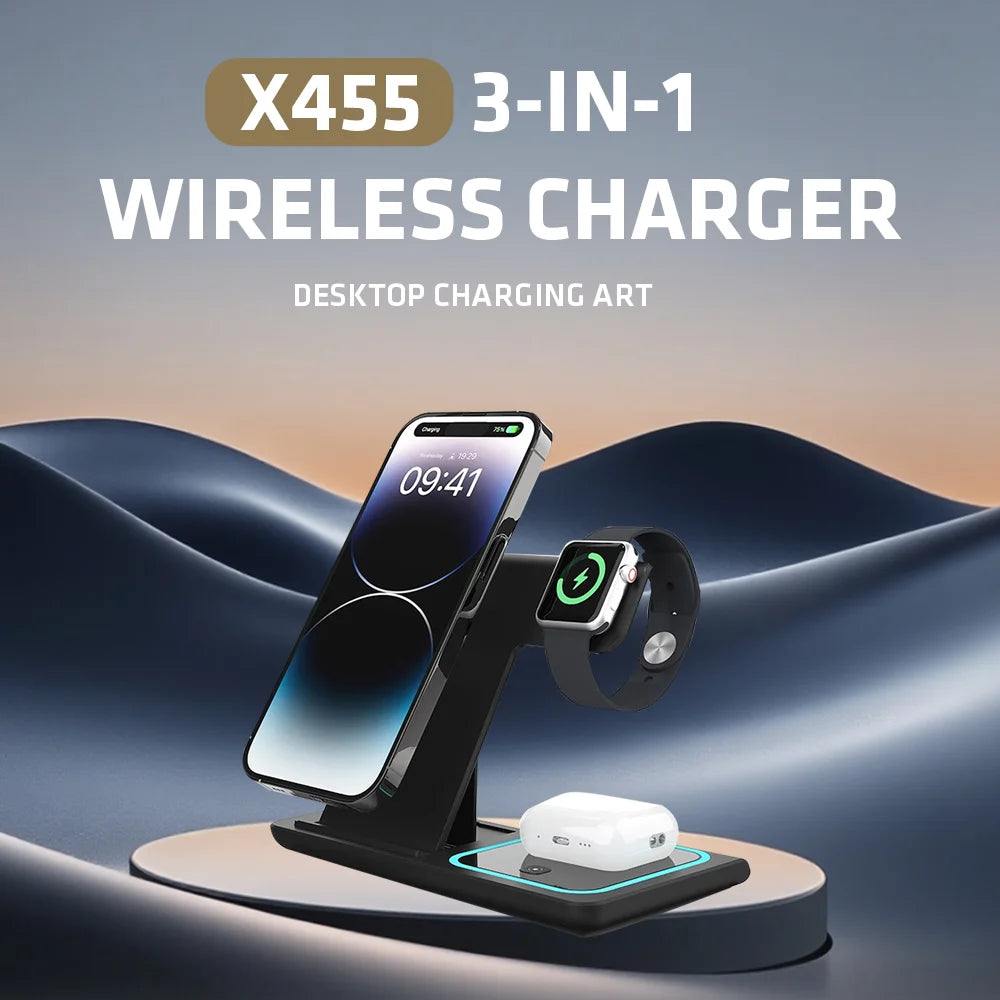 3-In-1 Foldable Wireless Charging Stand 15W/10W/7.5W/5W Multi Device Fast Wireless Charger for Smartphone Smart Watch Earphones
