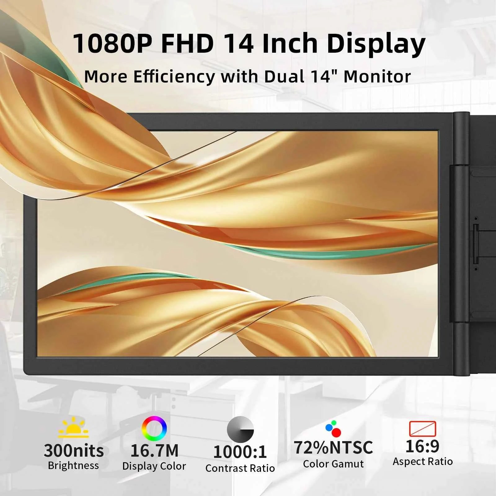Amoudo14 Inch Dual Portable Monitor 1920*1080P IPS Portable Triple Monitor with USB-C Port for 14-16.5