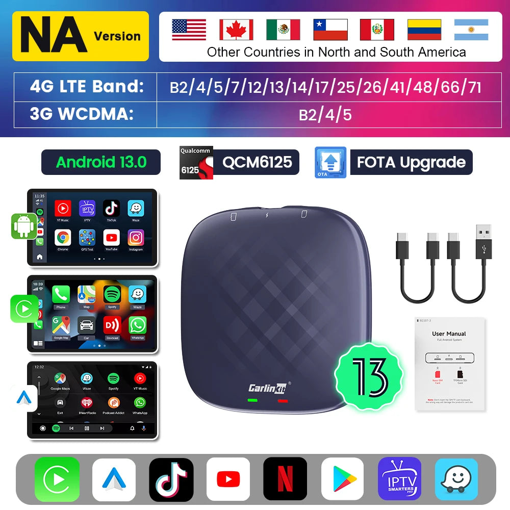 Carlinkit Ai Box Android 13 Led Wireless Android Auto & CarPlay Smart Tv Box QCM6225 Support Youtube Netflix Car Accessories