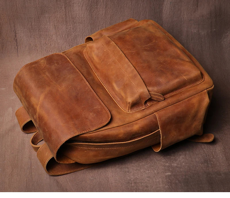 LUOKIR Genuine Leather Laptop Backpack 15 Inch – Vintage Crazy Horse Cowhide Business Travel Backpack for Men, Luxury School Computer Bag