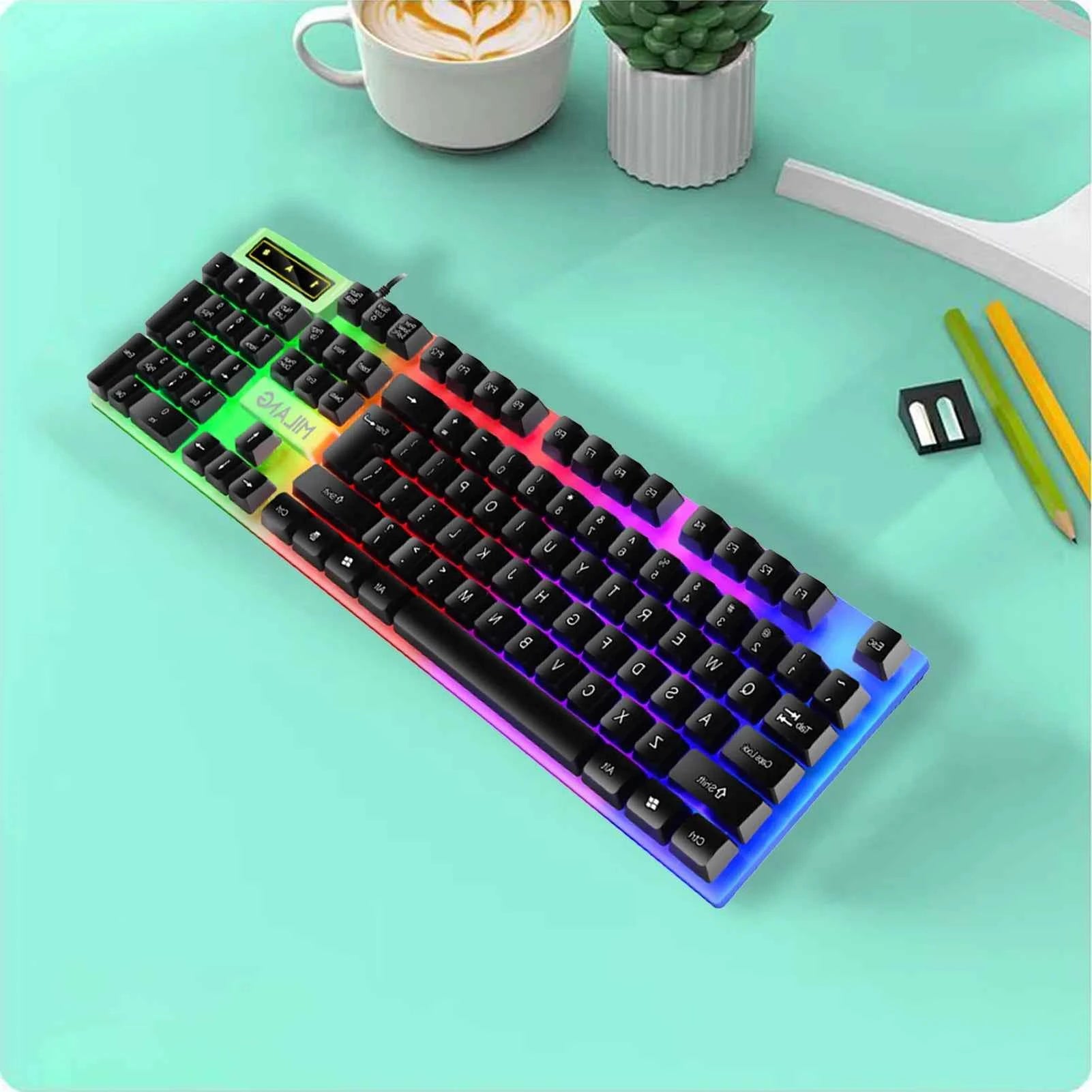 Full Sized Wired Gaming Keyboard and Wired Mouse Combination, with Rainbow LED, Wired USB Connection, Silent Keyboard, Ergonomic Wrist Support, Highly Sensitive Mouse, Suitable for Gamers, Students, and Office Professionals,