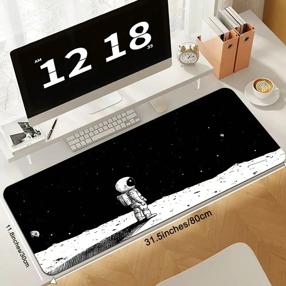 Space Astronaut Gaming Mouse Pad Abstract Sky Mouse Pad Black White Texture Non-Slip Rubber Base Large Mousepad Stitched Edges Keyboard Mouse Mat Desk Pad For