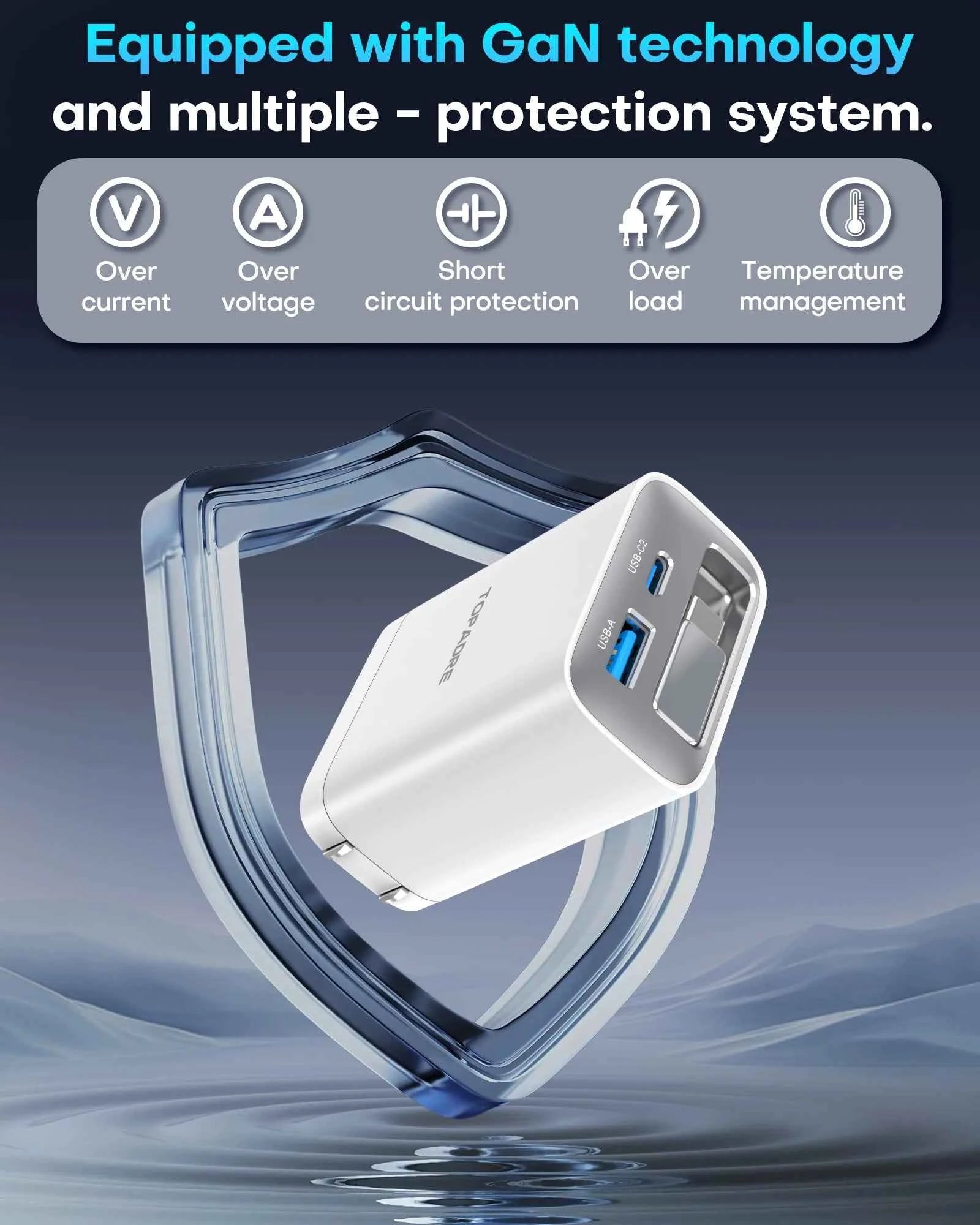 65W GaN Wall Charger with Retractable USB-C Cable, Dual-Port PD 3.0 & QC 4+ / 4.0 Fast Charging for iPhone, Galaxy, Pixel, iPad, Tablets, Nintendo Switch, AirPods