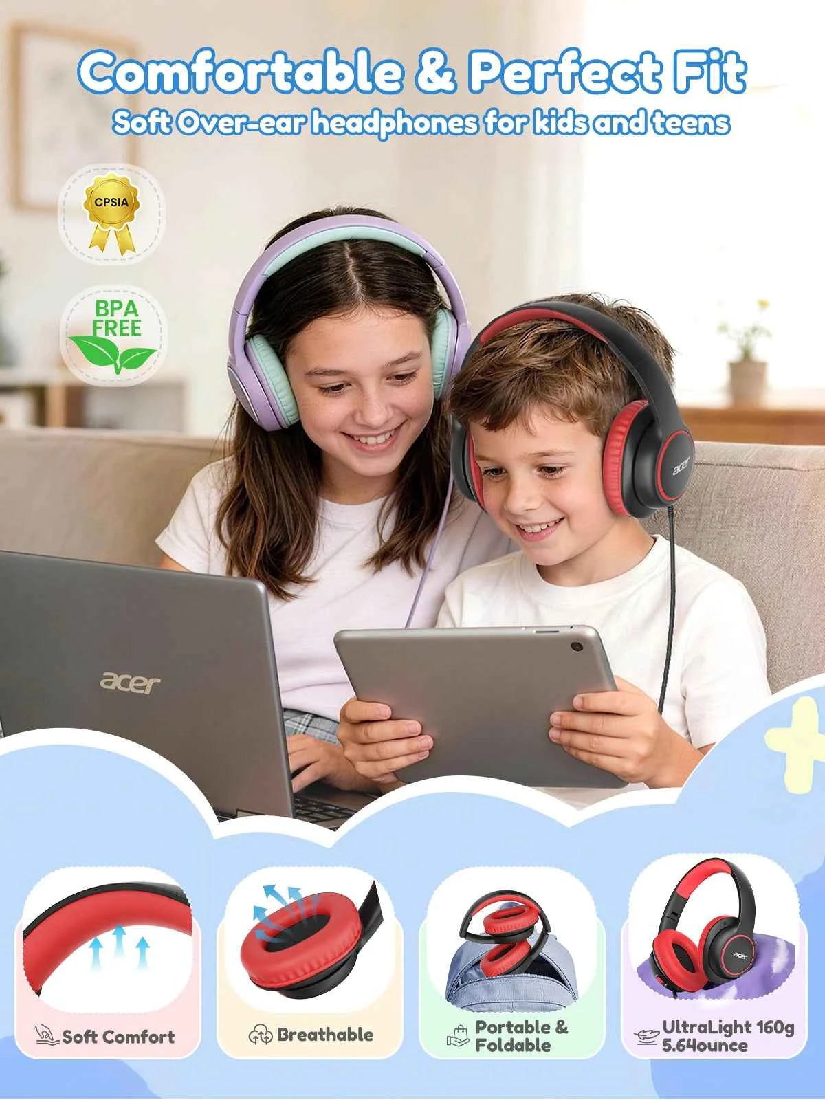 Acer OHR328 Kids Headphones Wired – Over-Ear School Headset with Volume Limit 85/94dB, 3.5mm Jack, Foldable Safe Headphones for Toddlers & Children