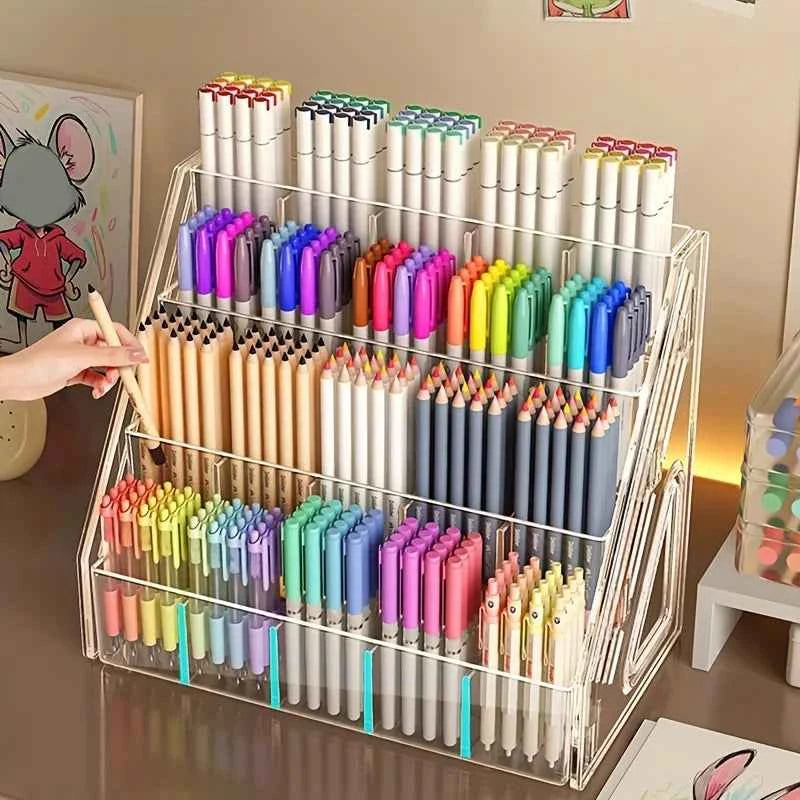1Pc Pen Holder Organizer, Large Capacity Acrylic Storage Rack, Paintbrush Compartment Organizer, Suitable for Paintbrushes, Pencils, Markers, Suitable for Home, Office, School, Durable Design, Essential for Office Supplies an