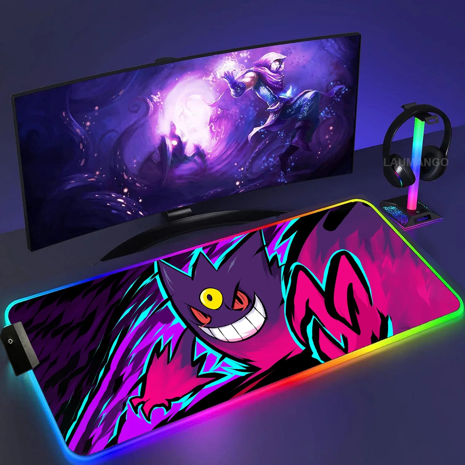 Gengar Mousepad Pokemon RGB LED Purple Mouse Pad Gaming Accessories Ghost Big Extended Keyboard Carpet PC Anime Desk Mats - WinSupport Tech