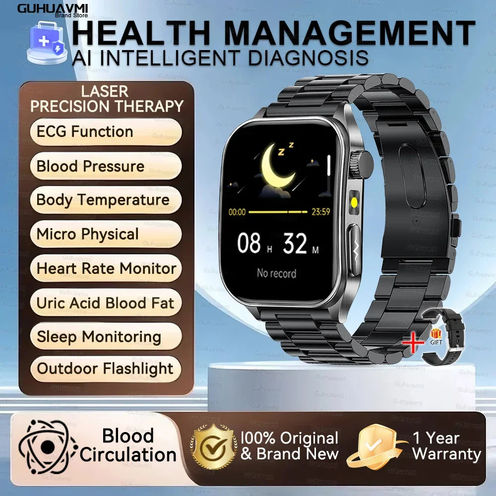 New Laser Treatment Three High Smart Watch Men ECG Heart Rate Uric Acid Health Tracker 1.95 inches Sapphire Glass SmartBracelet